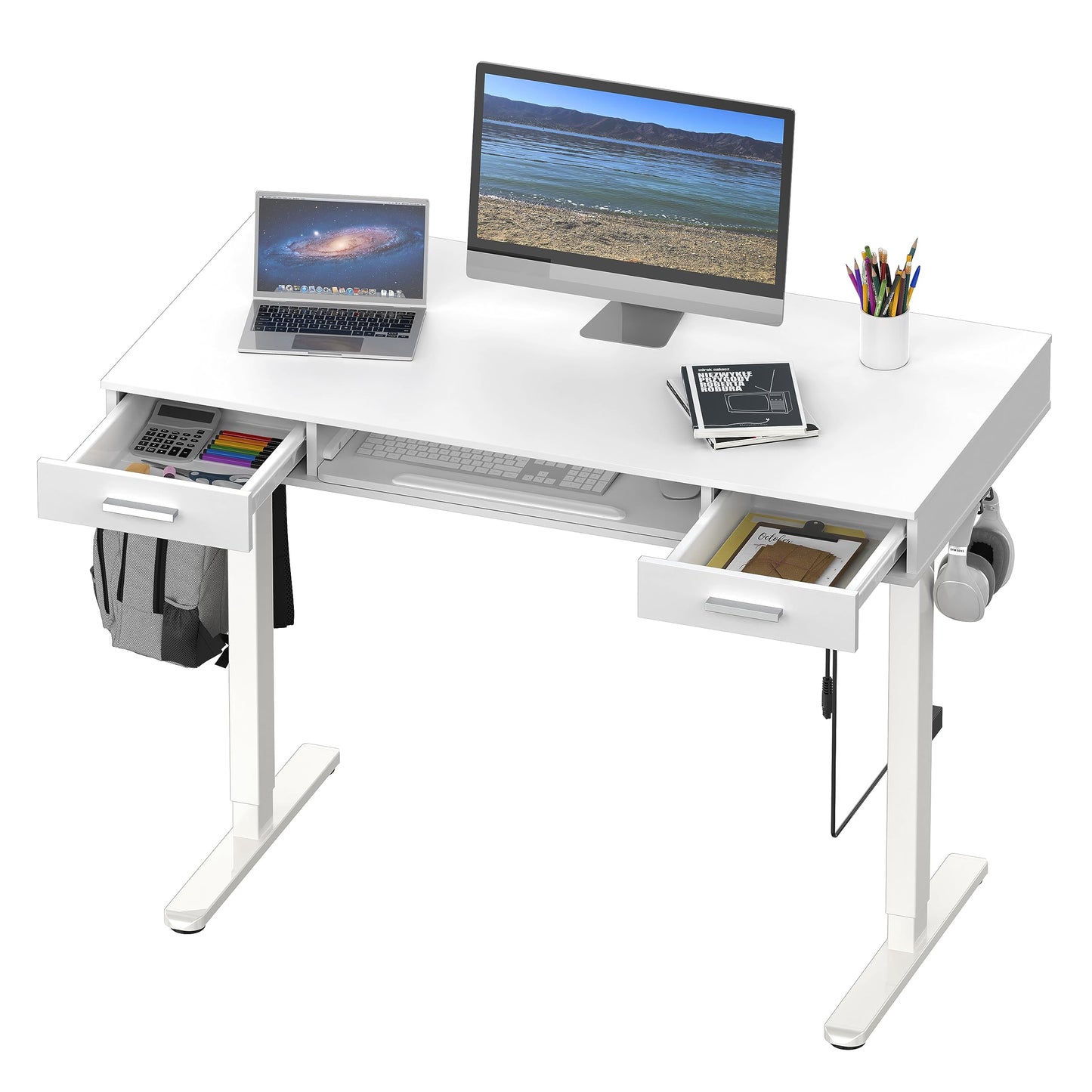 SHW 48-Inch Electric Height Adjustable Desk with Keyboard Tray and 2 Drawers, White