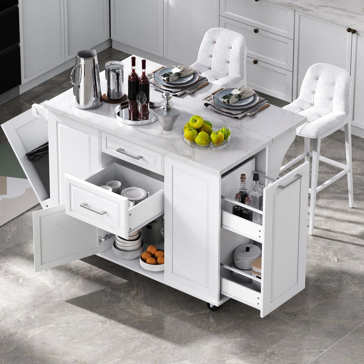 Merax 50.7" Kitchen Island with Storage Tilt Trash Can Cabinet and Pull Out Cabinet Organizer, Rolling Kitchen Island on 5 Wheels with Drop Leaf, 2 Drawers, 1Door for Dining Room, White