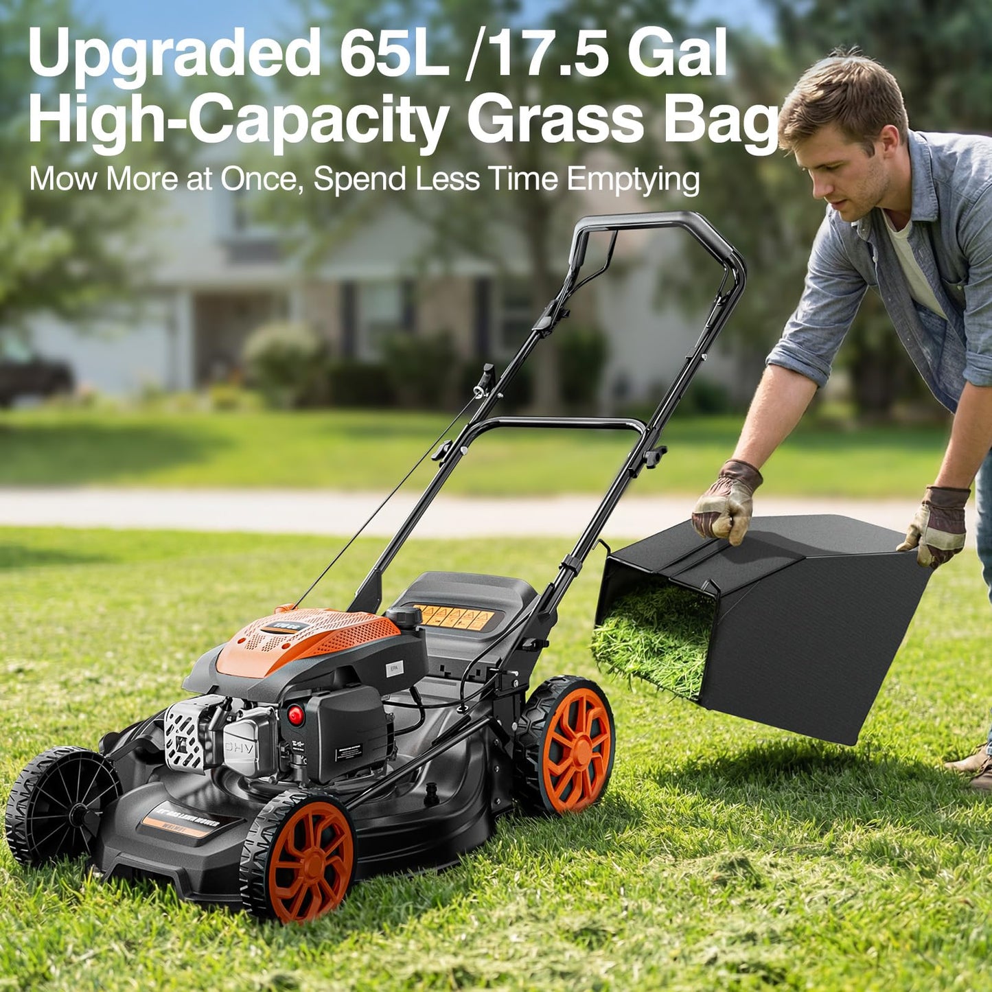 21” Self-Propelled Gas Lawn Mower, 170CC 4-in-1 Mulch/Rear Bag/Side Discharge/Rear Discharge, Foldable Gas Powered Lawn Mowers with 7-Position Cutting Height, Walk-Behind Gas Lawnmower (Yellow)