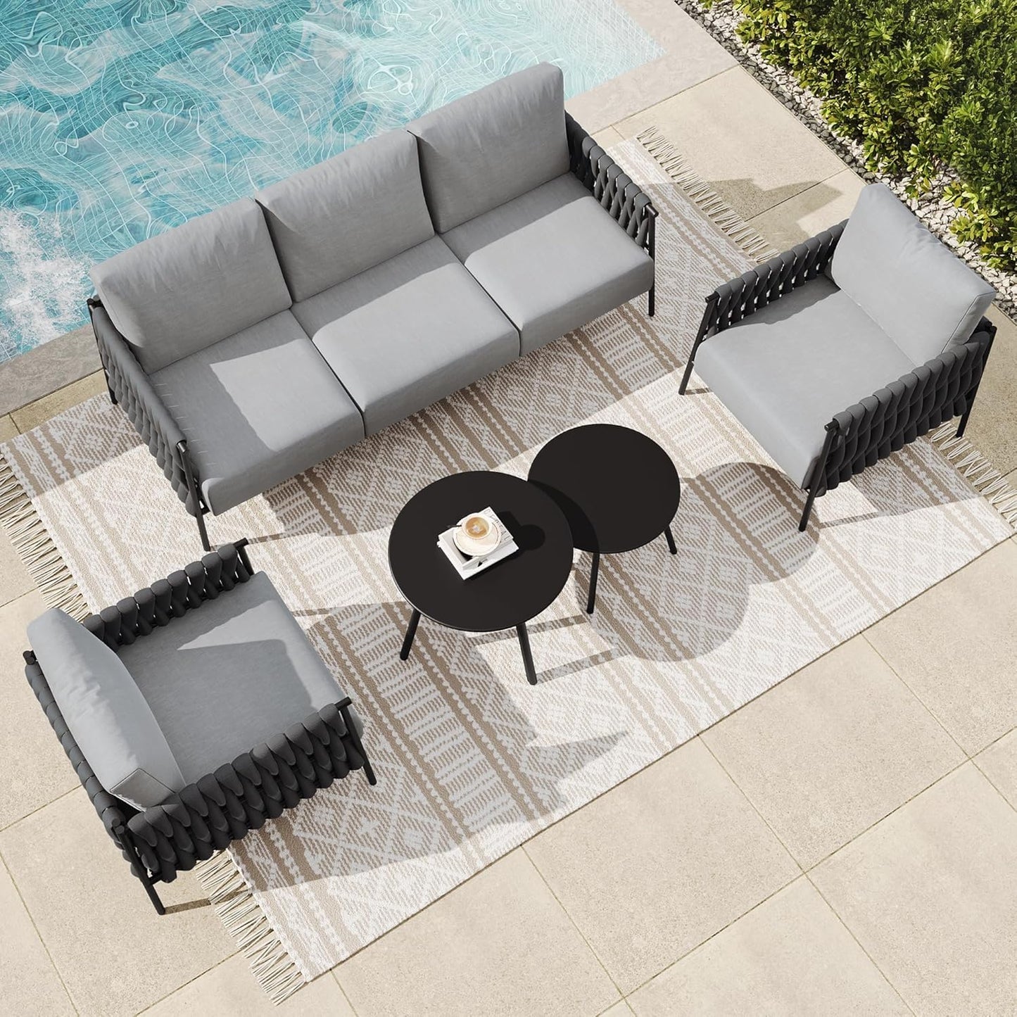 EAST OAK Life Chatter Patio Furniture Set 5 Pieces, Outdoor Furniture 5-Seat Sofa with Two Round Coffee Table, Waterproof Thick Cushion Deep Seating for Porch, Balcony, Earth Black & Misty Grey