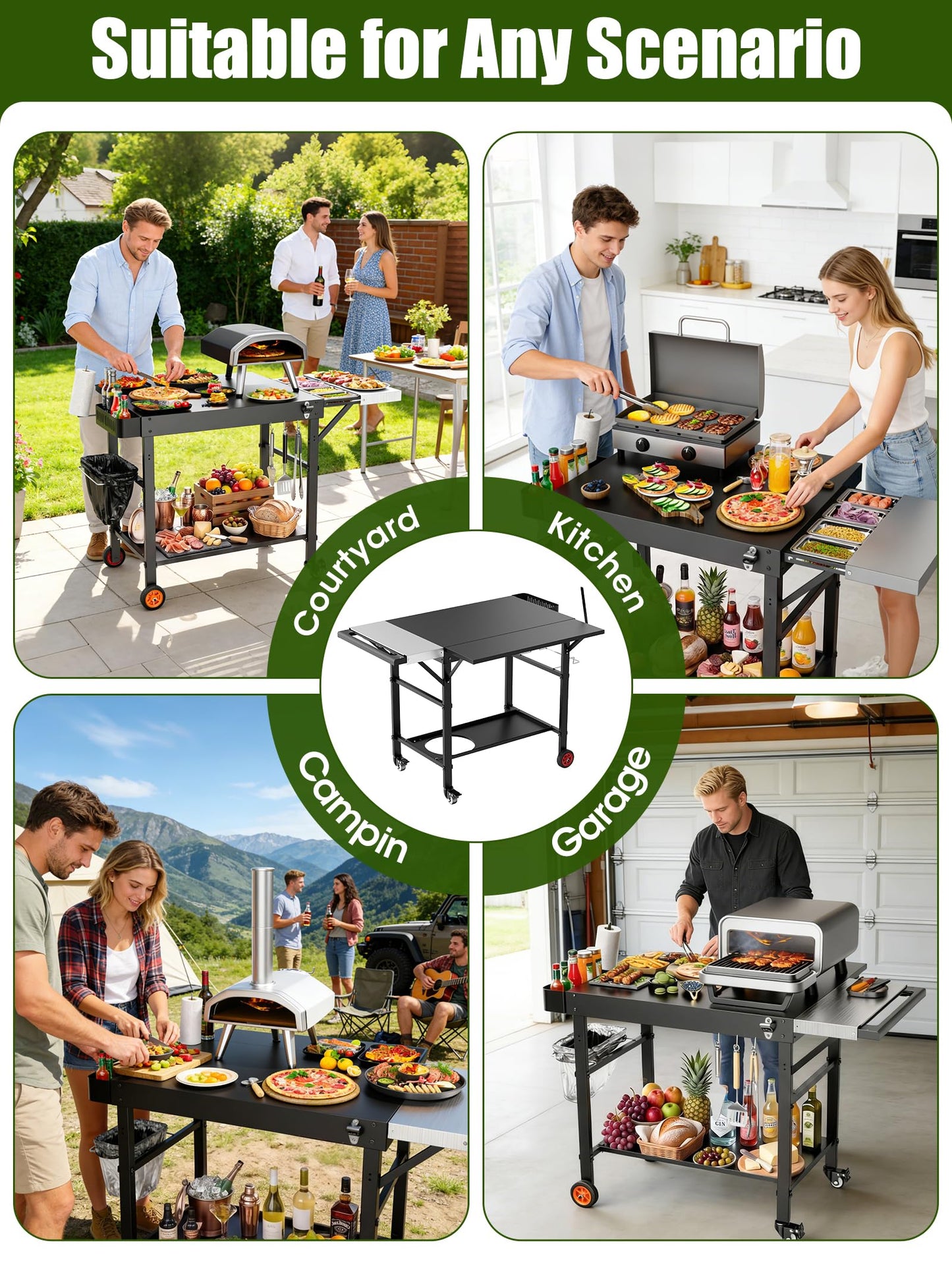 Outdoor Pizza Oven Table, Movable Grill Side Table, Expansive Countertop Pizzas Oven Accessories, Pizzas Stands for Party with Wheels, Fits Ooni Blackstone Ninja Cuisinart Gozney