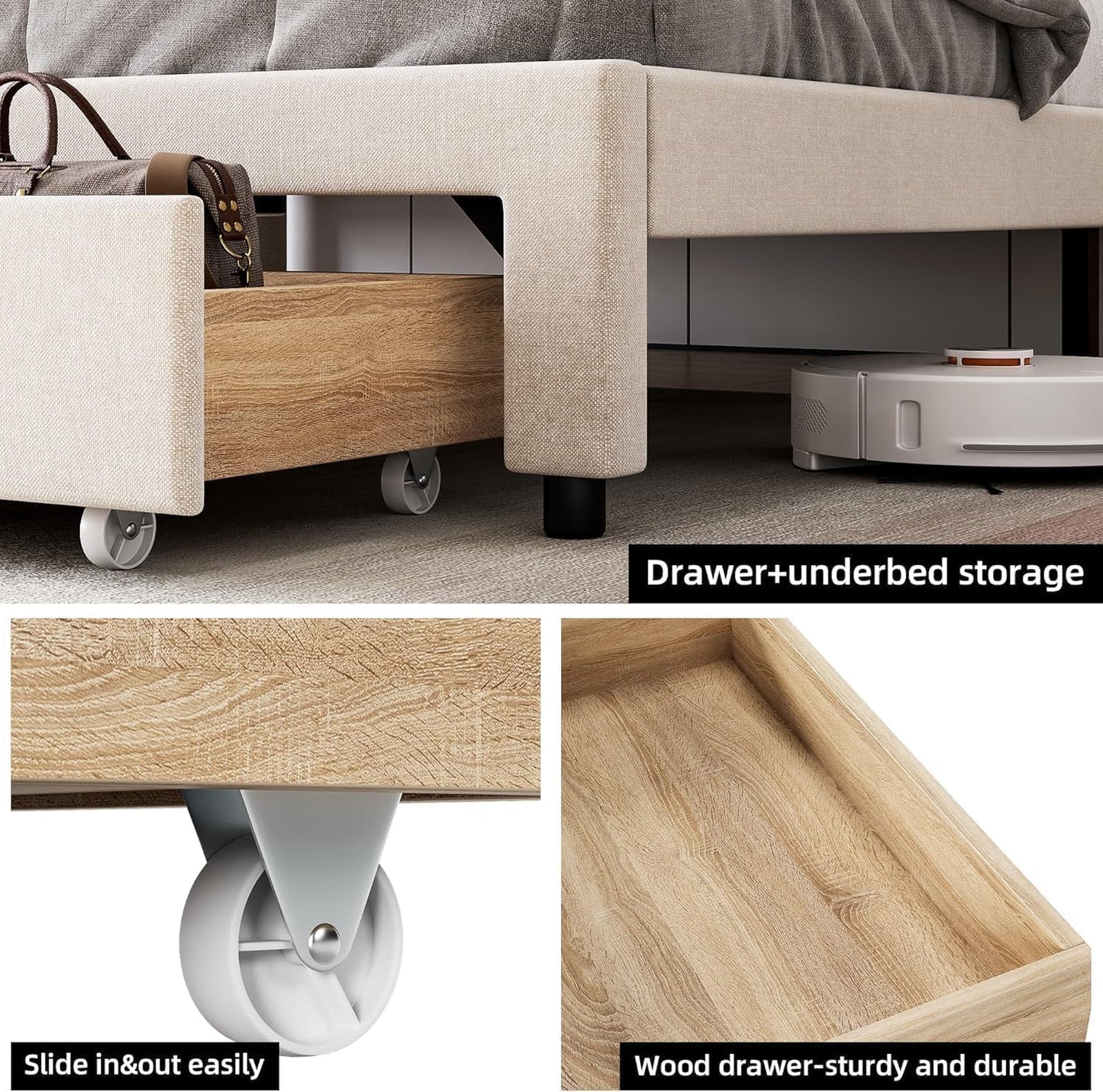 IDEALHOUSE Upholstered Bed Frame with Storage Headboard and Charging Station, Platform Bed Frame with Drawers, Heavy Duty, No Box Spring Needed, Easy Assembly, Beige, Queen Size