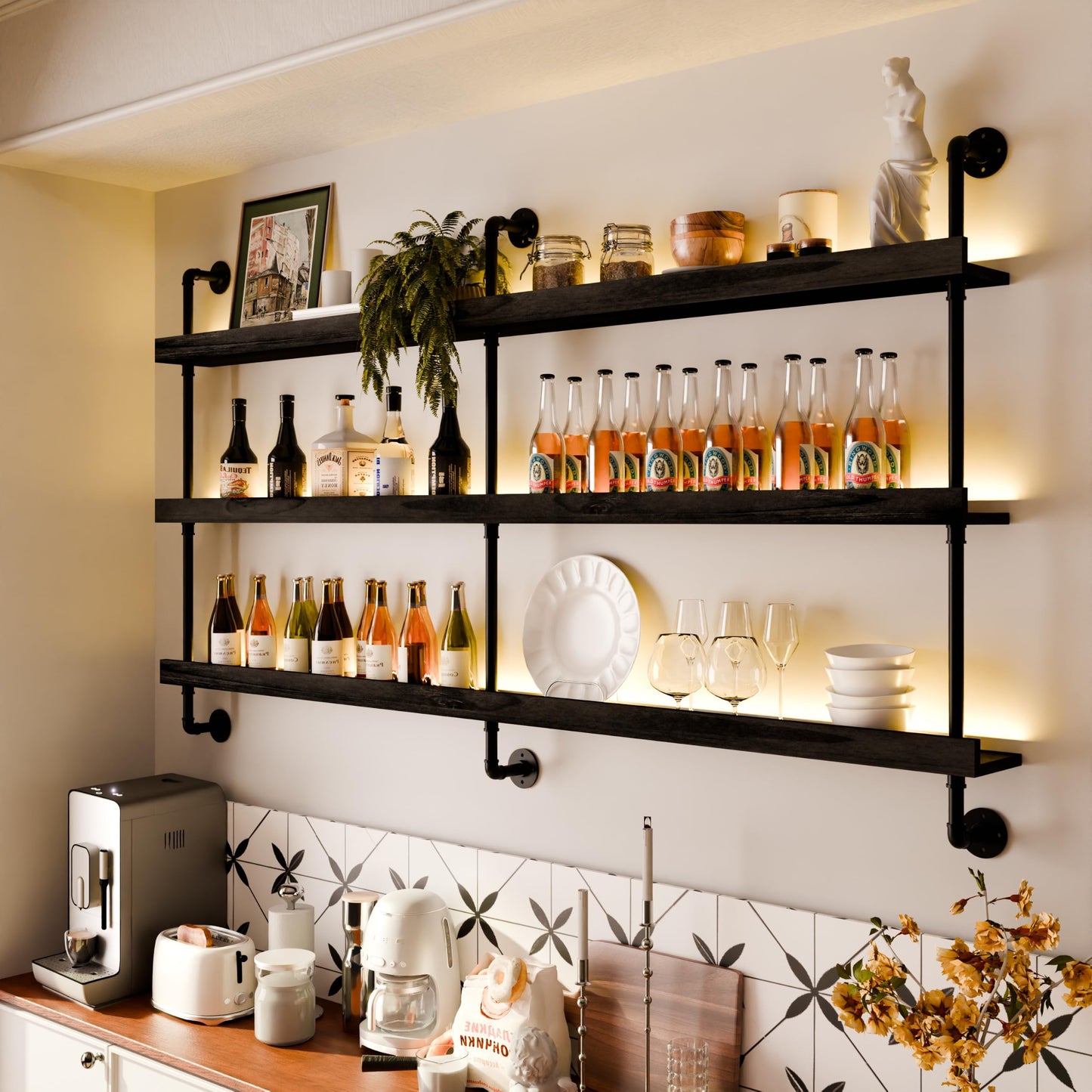 Anynice LED Bar Shelves, Wall Mounted Wine Rack, 3 Tier, 60" Black