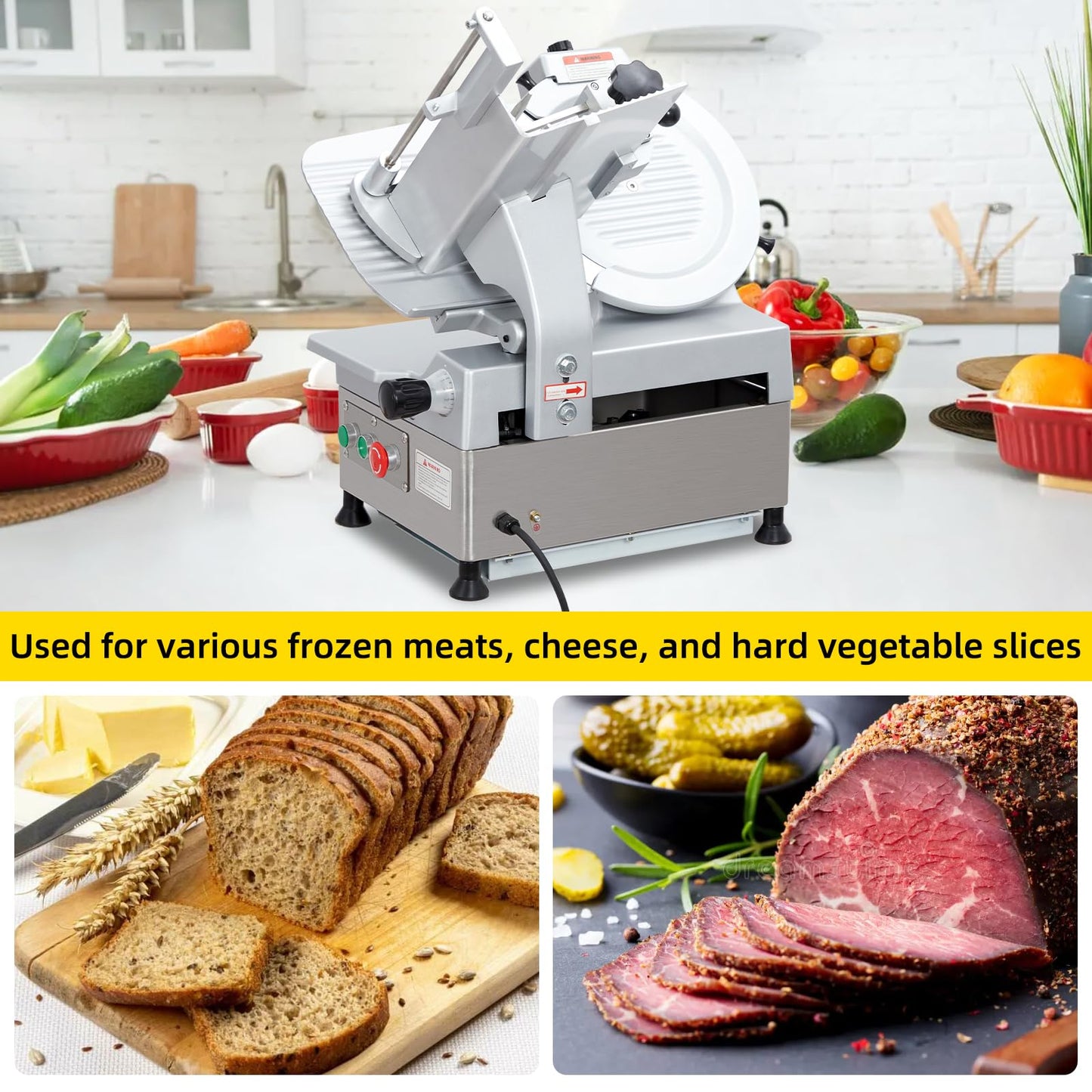 12 Inch Automatic Meat Slicer, Electric Food Slicer with 180W+370W Dual Motor, 0-16mm Adjustable Thickness, Stainless Steel Blade, Commercial Meat Slicer for Home Kitchen