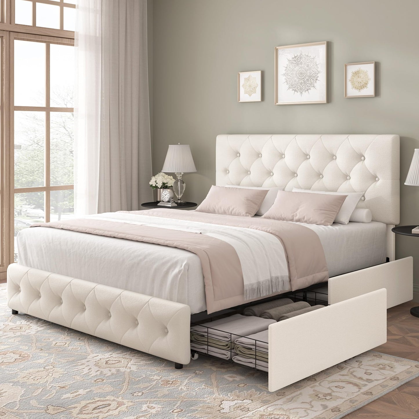Keyluv Full Size Upholstered Platform Bed Frame with 4 Storage Drawers, Modern Beige Fabric Bed with Adjustable Button Tufted Headboard, Solid Wooden Slat Support, Easy Assembly