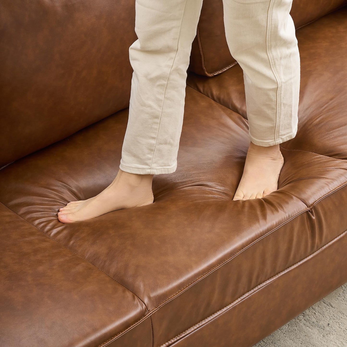 IDEALHOUSE Leather Couch 81 inch, Mid Century Modern Sofa 3 Seater with Deep Seat & Removable Cushions, Faux Leather Chesterfield Couch for Living Room, Office, Brown
