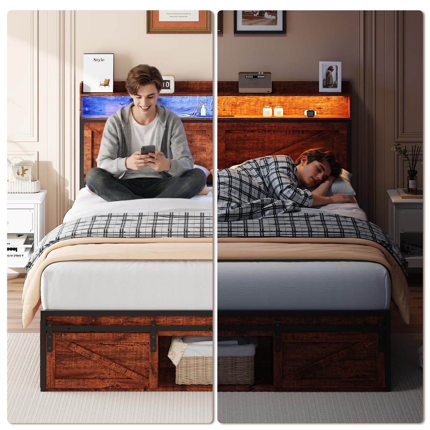 KEIKI Full Size Bed Frame with Storage Headboard, Wood Platform Bed with Charging Station & Footboard Drawers, Sturdy Metal Slats, Noise-Free, No Box Spring Needed, Brown