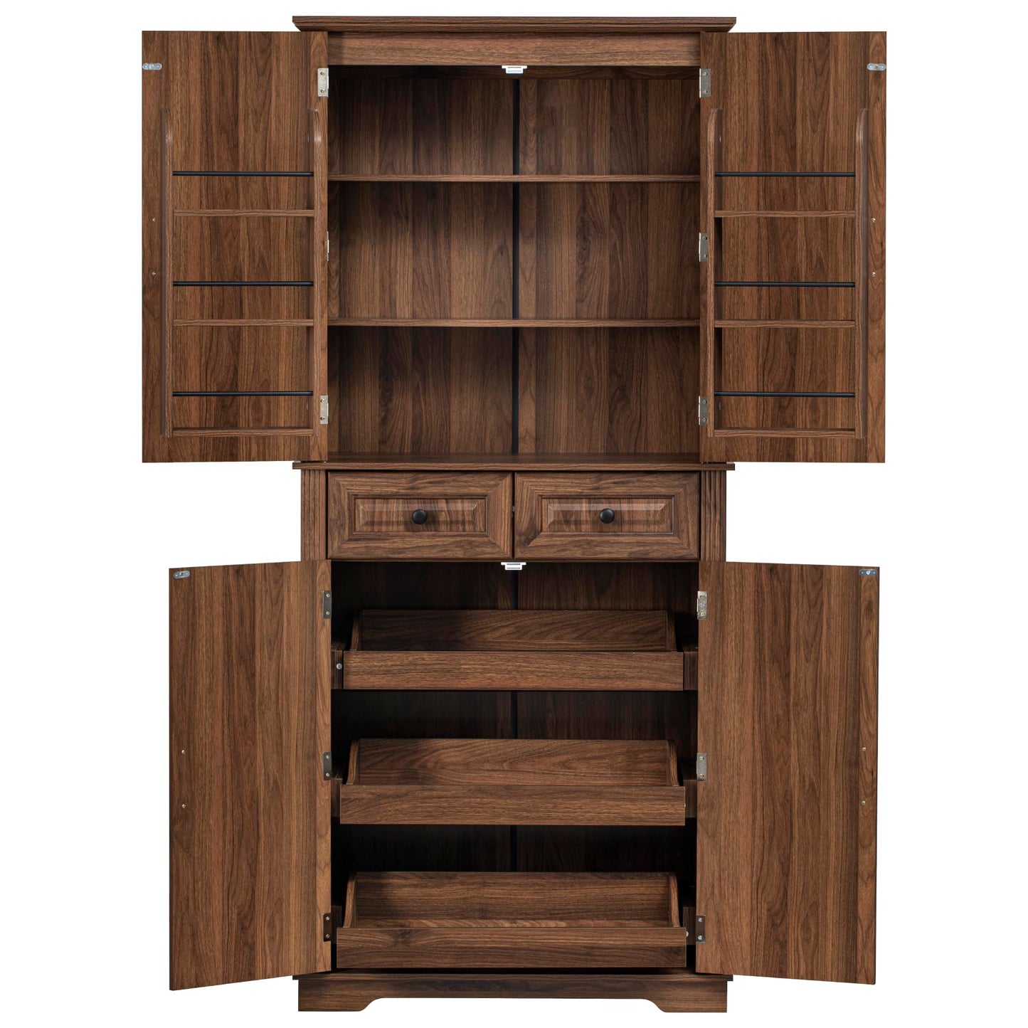 Ball & Cast 71" Farmhouse Kitchen Pantry Cabinet with 3 Pull-Out Organizers, Tall Storage Cabinet with 4 Doors, 2 Drawers, 6 Door Shelves & Adjustable Shelves, Freestanding Cupboard, Rustic Brown