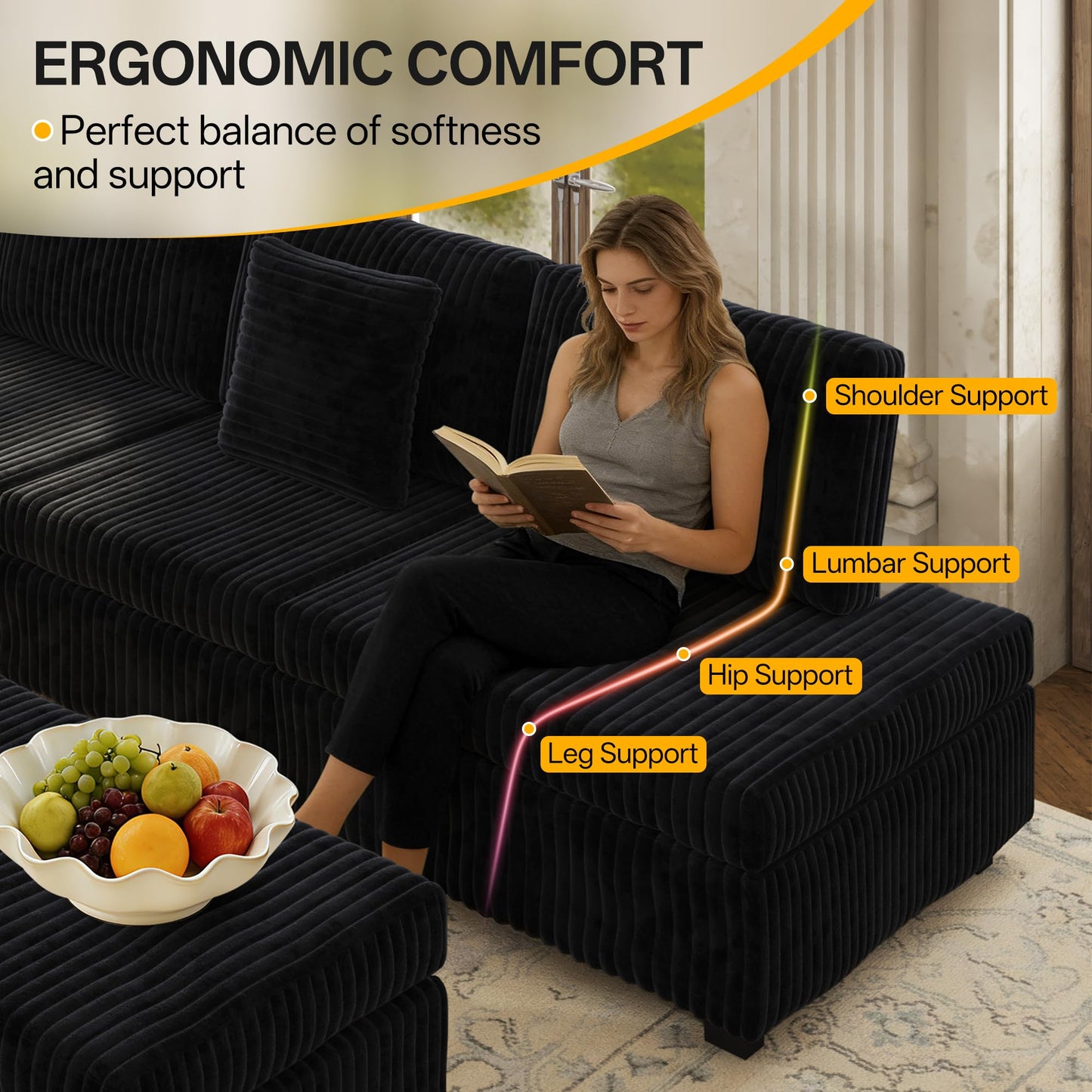 KEIKI 110" L-Shaped Oversized Plush Corduroy Modular Sectional Sofa with Pull-Out Bed, Convertible 6-Seater Sleeper Couch Bed with 1 Ottomans & USB & Cup Holders, Easy Assembly, for Living Room, Black