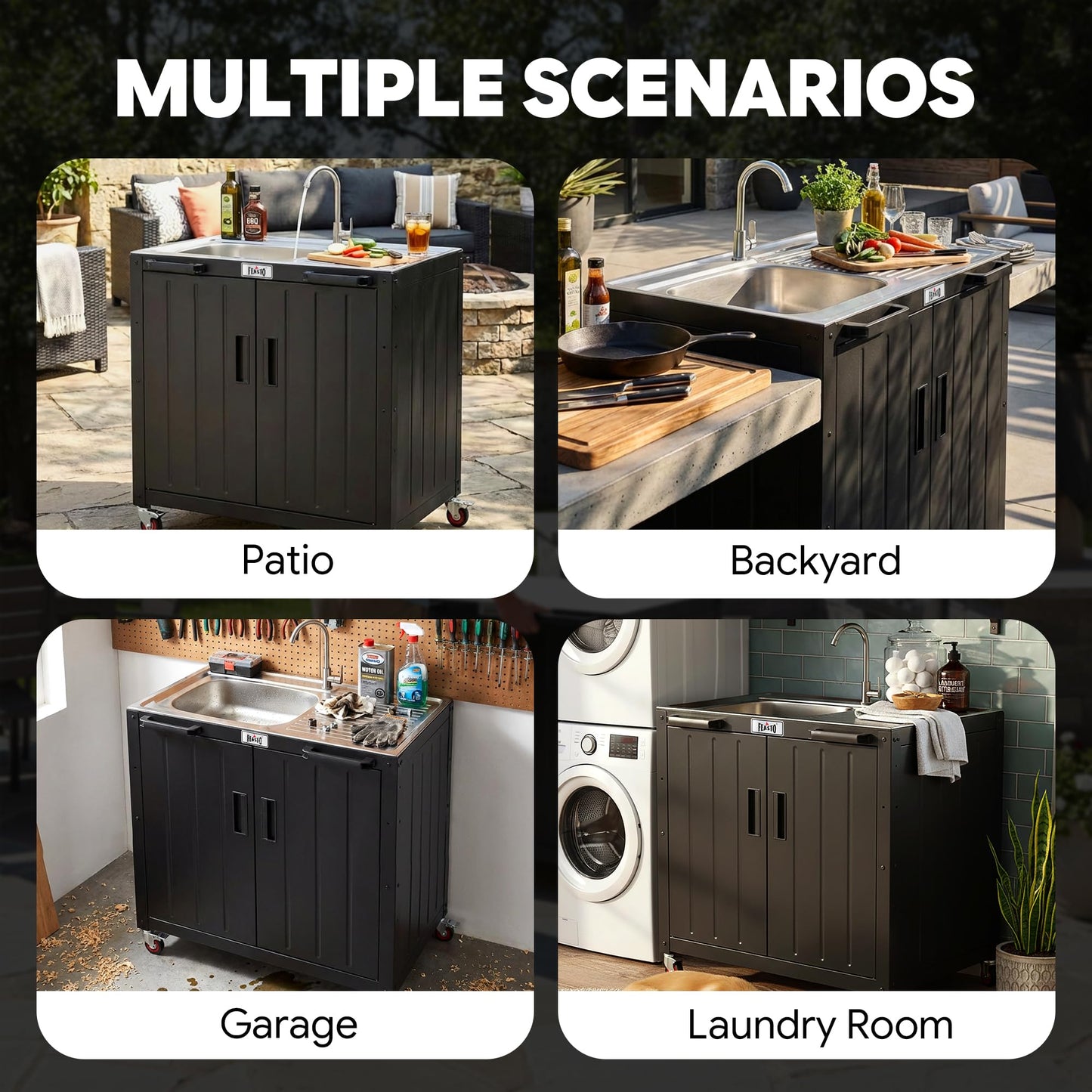 Feasto Outdoor Kitchen Island with Stainless Steel Sink and Storage Cabinet, 35-Inch BBQ Prep Station with Faucet & Lockable Wheels for Patio, Backyard, and Outdoor Cooking, Black & Silver