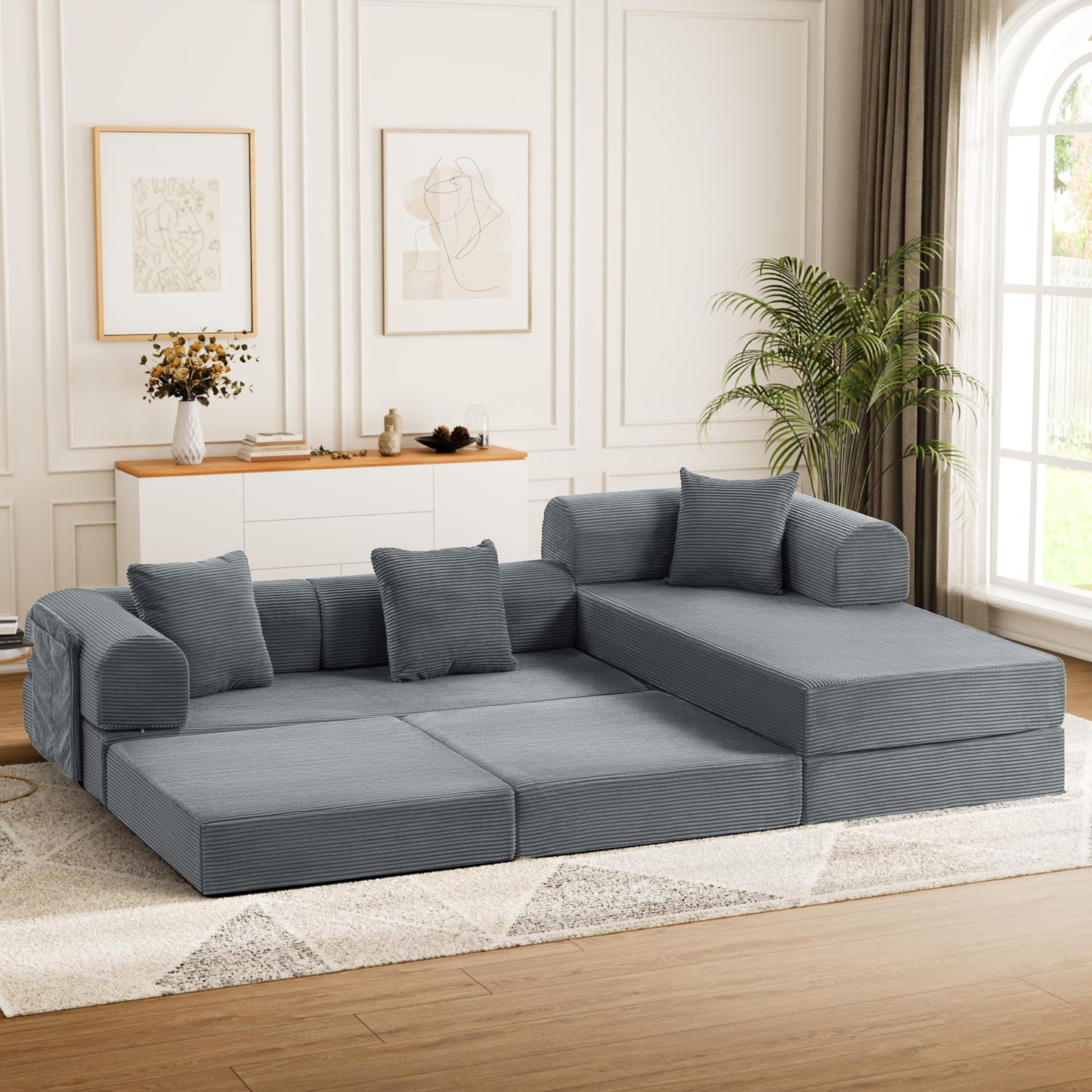 Topcomfy 106.3" Modular Sectional Sleeper Sofa with Metal Frame Support, Convertible 4-Seater L-Shaped Cloud Couch for Living Room, Corduroy Memory Foam Pit Sofa, Gray
