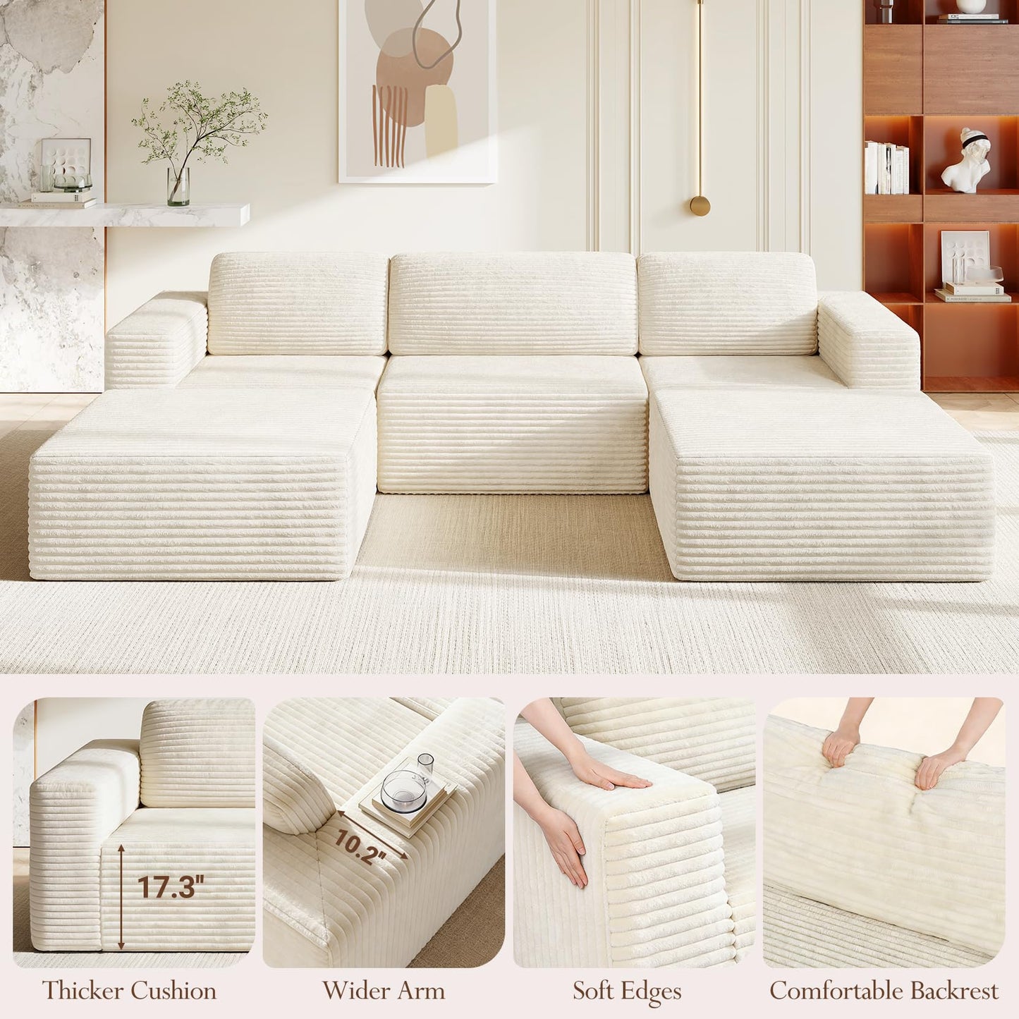 119" U-Shaped Modular Cloud Sofa, Corduroy Sectional Couch with Extra Deep Seats & Durable Spring Support, Convertible Boneless Sofa Set with Dual Ottomans, No Assembly, Beige