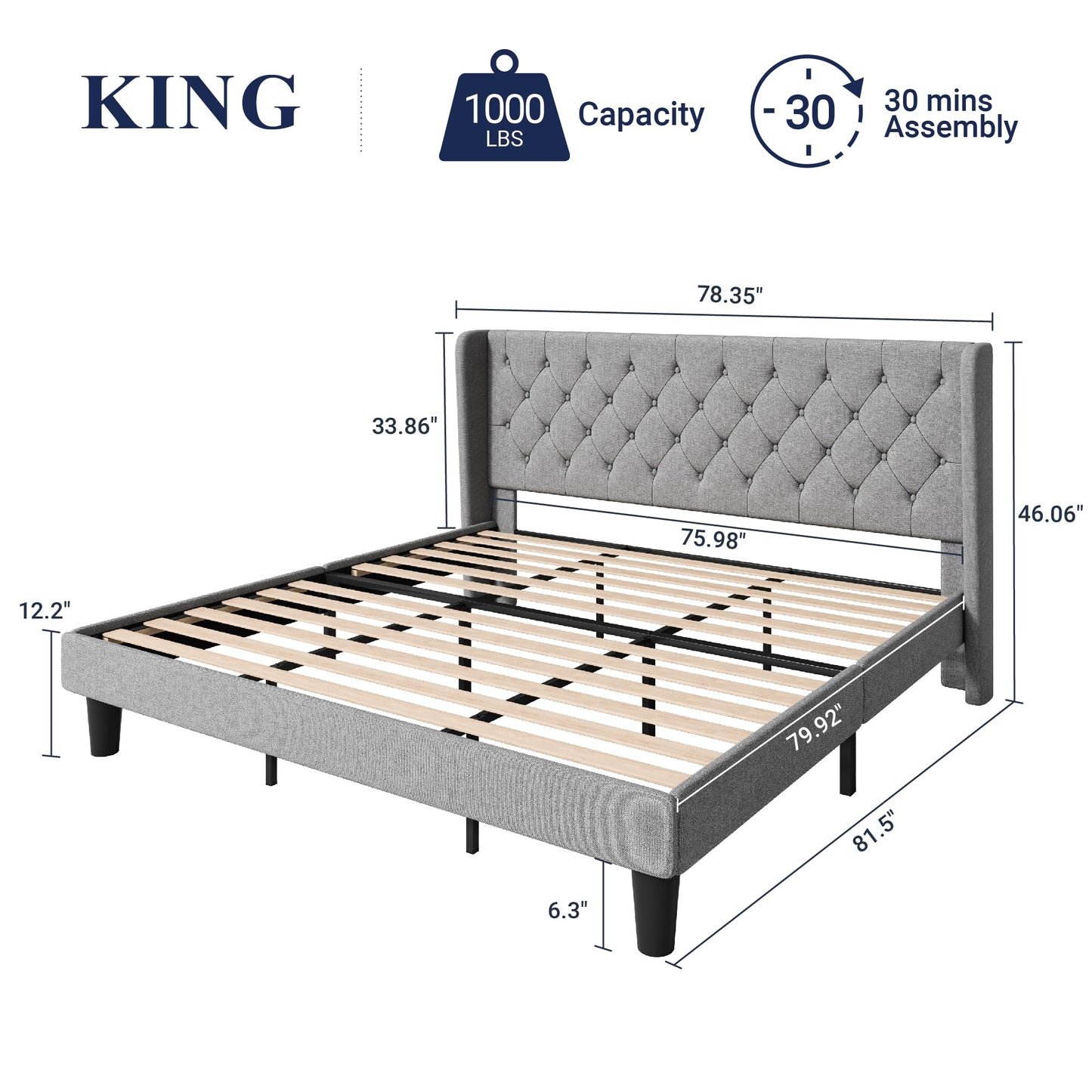 Allewie King Size Upholstered Platform Bed Frame with Wingback and Button Tufted Headboard for Reading, Strong Wood Slat Support, Modern Design, Easy Assembly, Light Grey