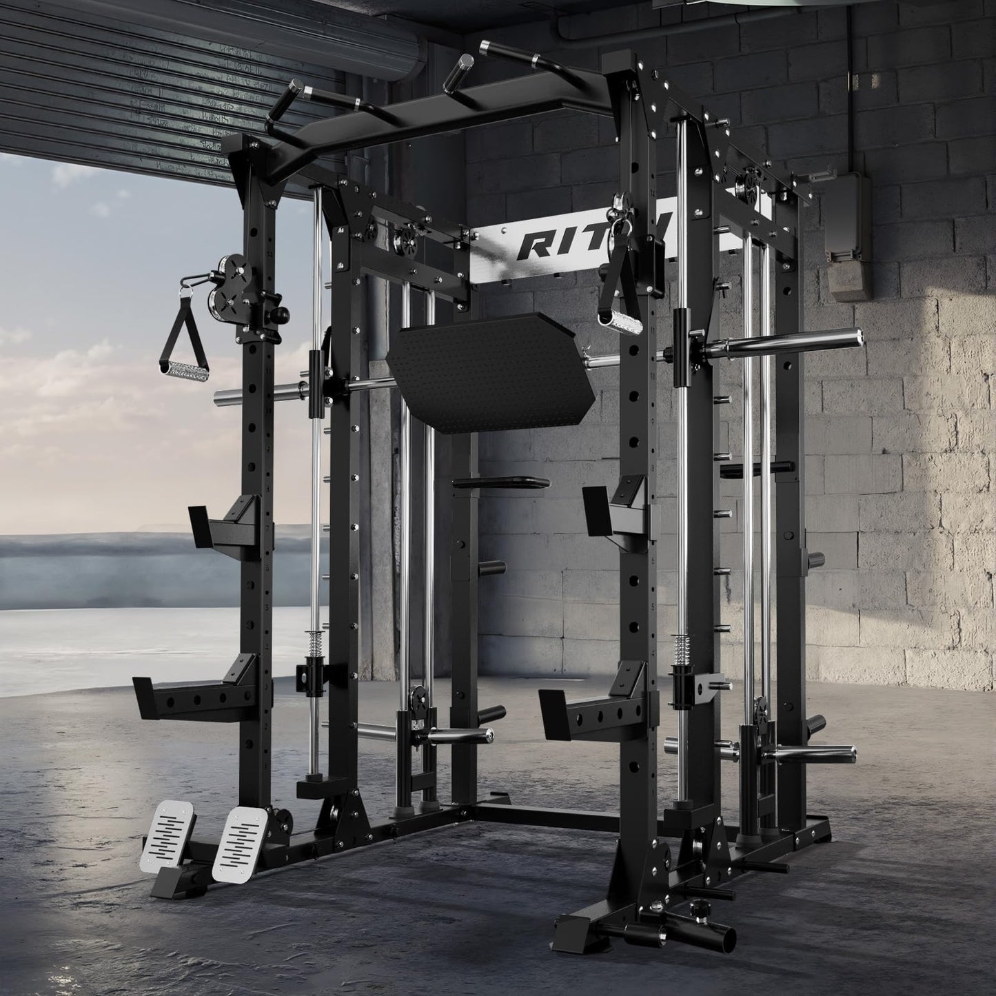 RitFit Buffalo Smith Machine, Power cage with LAT-Pull Down System & Cable Crossover System, All-in-One Squat Rack for Home Gym, Power Rack