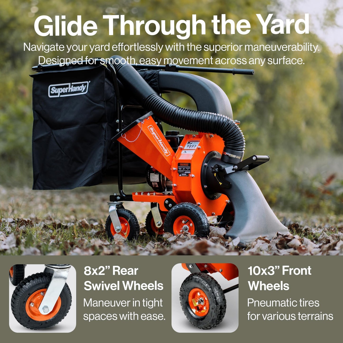 SuperHandy Leaf Vacuum & Wood Chipper 7HP 209cc Gas Engine, 10:1 Mulch Ratio, 6-Bushel Collection Bag, 13.4" Impeller, Walk-Behind Vacuum Mulcher with Castor Wheels for Lawn & Yard Cleanup