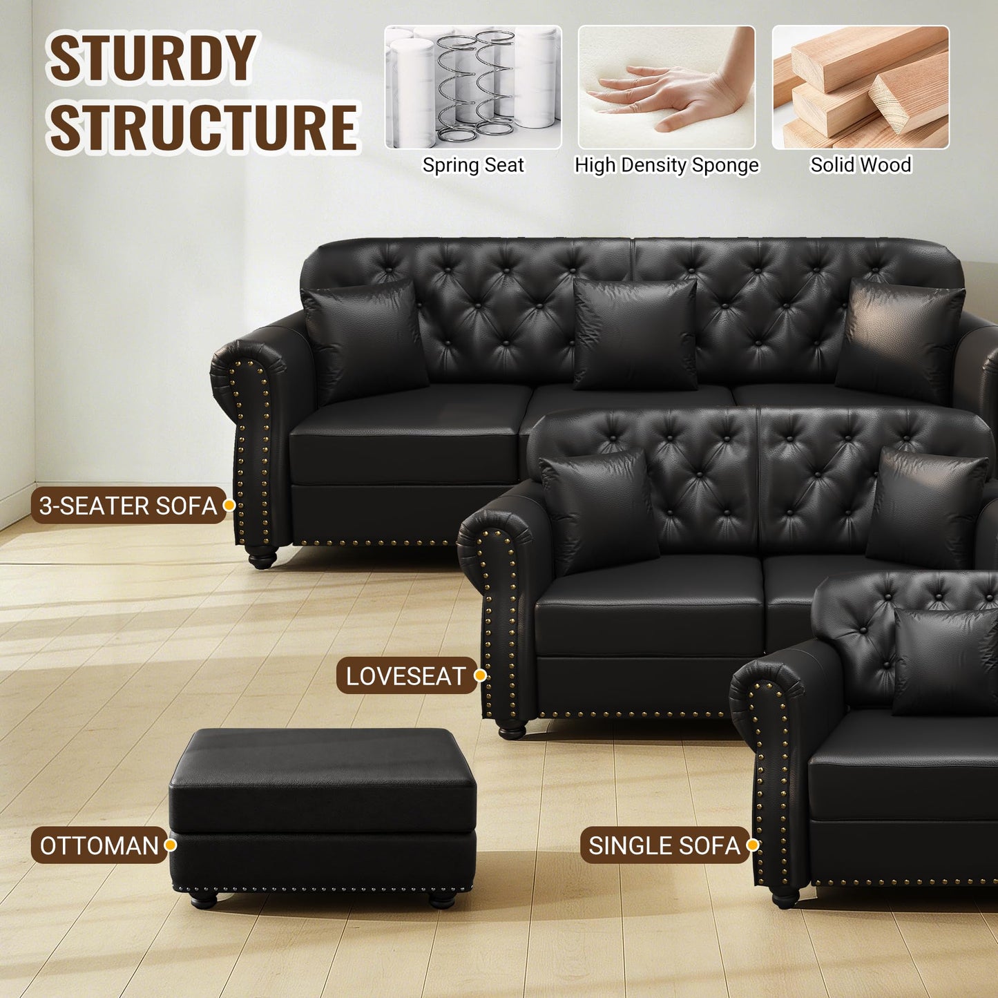 KEIKI 3-Piece Chesterfield Sofa Set with 1 Faux Leather 3-Seater Sofa & 1 Loveseat & 1 Single Sofa, 6-Seater Couch Set with Nailhead Trim & Rolled Arms & 1 Ottoman & 6 Pillow, for Living Room, Black