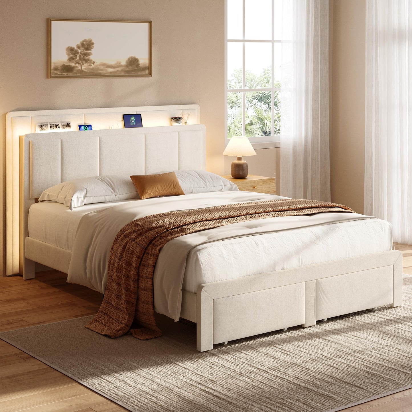 nesture. Queen Storage Bed Frame, Upholstered Platform Bed with 2 Drawers, Velvet Vertical Tufted Headboard with LED Lights & Charging Station, Wooden Slats Support, No Box Spring Needed, Off-White