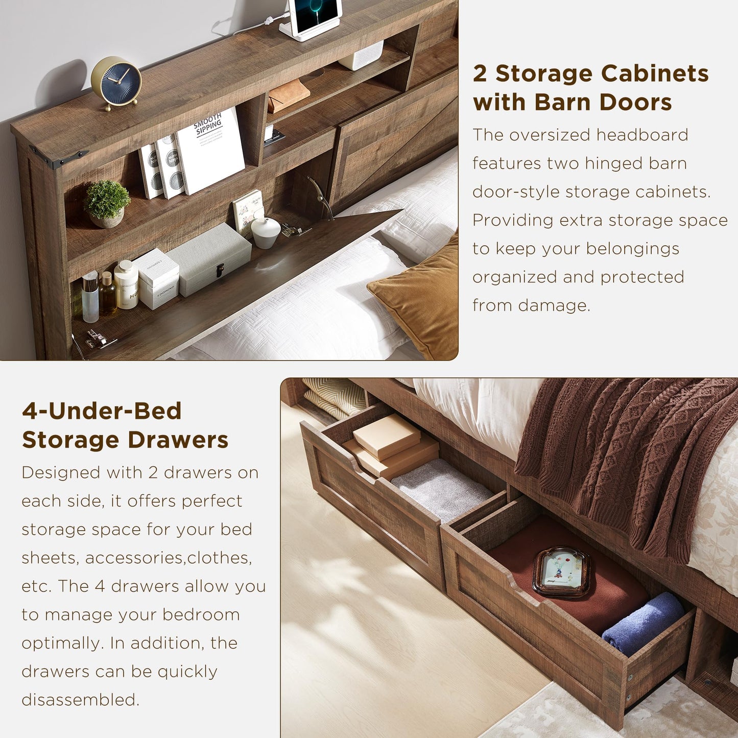ACCOHOHO Farmhouse Queen Size Bed Frame with 52" High Storage Bookcase Headboard and 4 Drawers,Wooden Bed Frame with LED Light and Charging Station,Light Brown