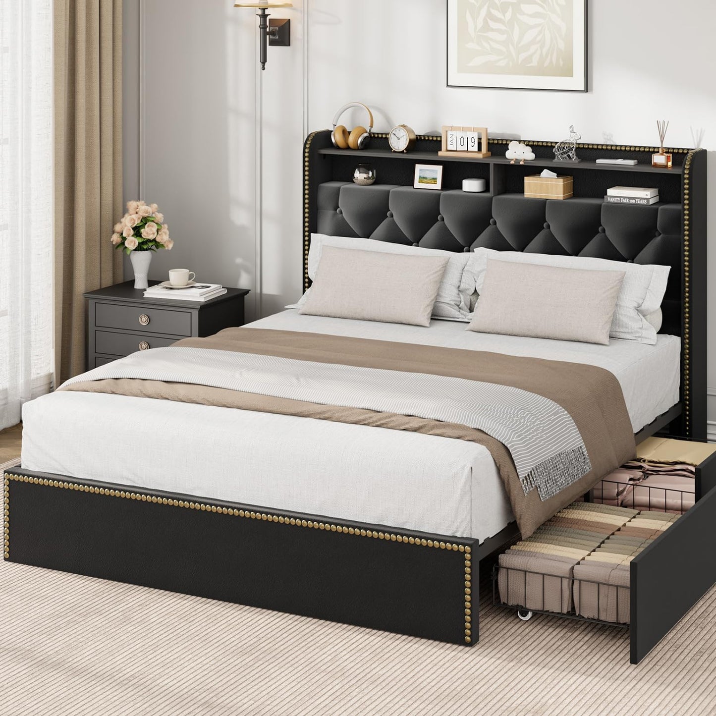 Queen Size Black Velvet Storage Bed with Shelved Headboard and 4 Drawers, Tufted Upholstered Platform Bed Frame with Nailhead Trim, Metal Support Slats, No Box Spring Required, Easy to Assemble