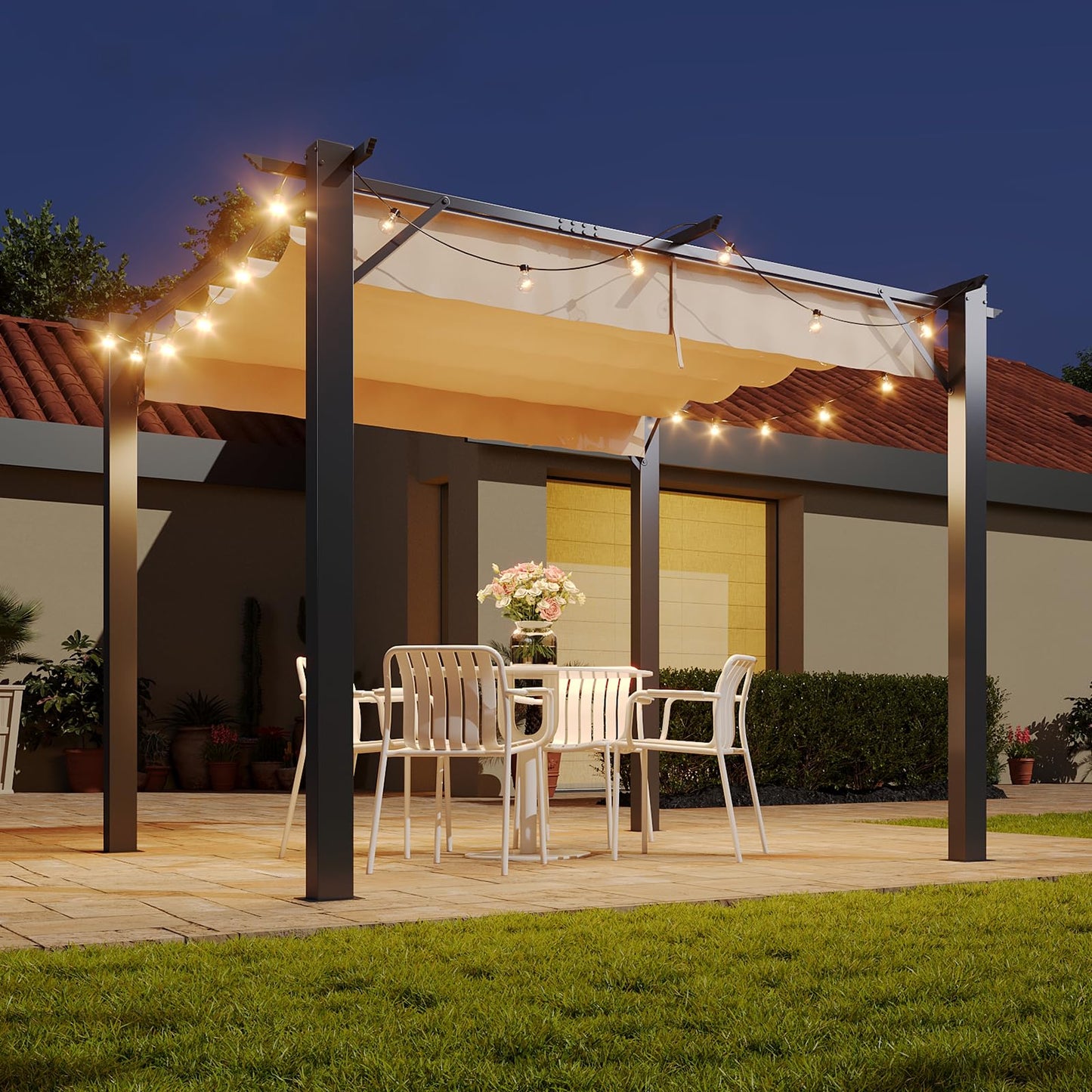Aoxun 10'x10' Outdoor Pergola, Heavy Duty Metal Frame Patio Pergola with Adjustable Retractable Sun Shade Canopy, Modern Backyard Pergola for Garden, Deck, Patio, Lawn and Outdoor