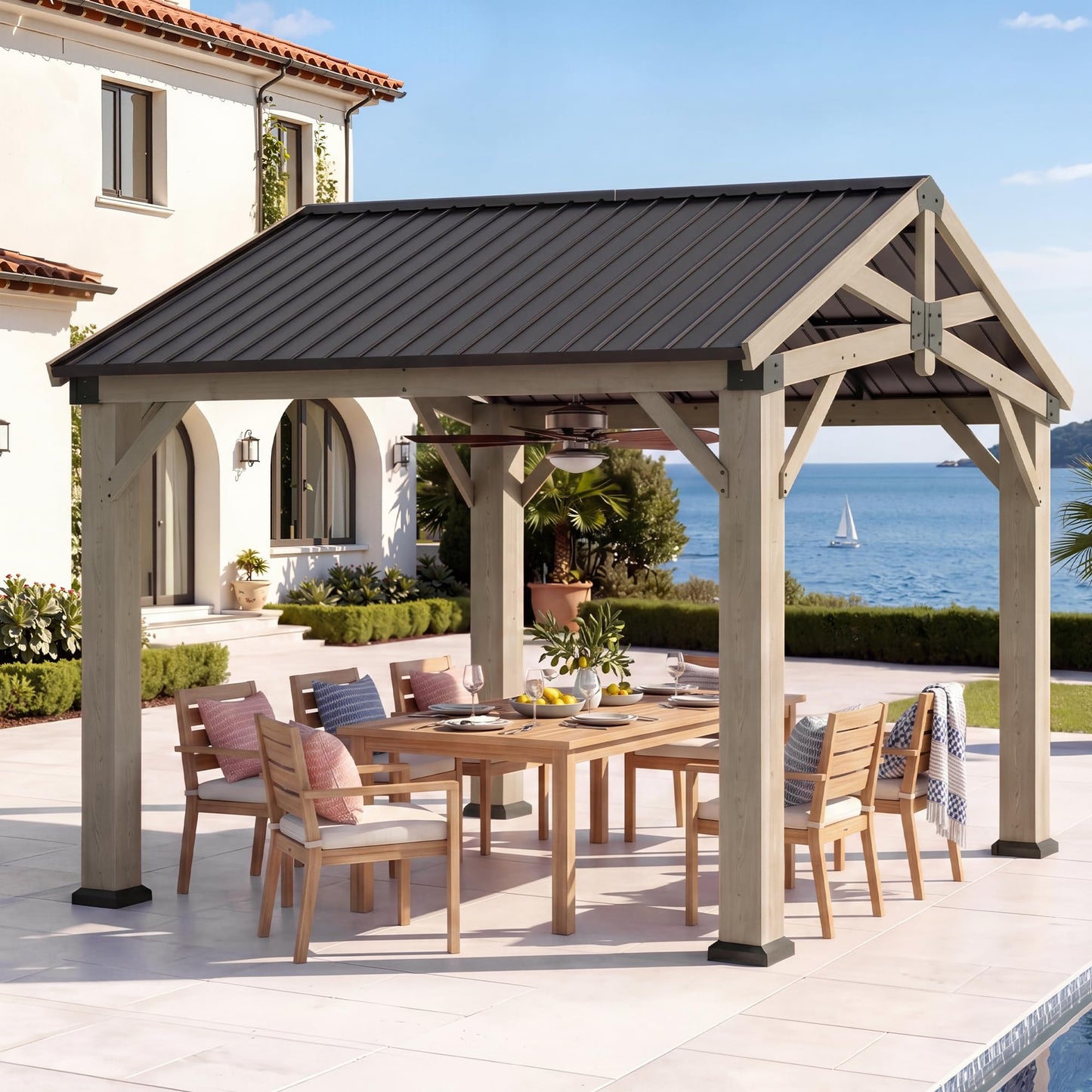 Aoxun 10' x 10' Outdoor Wood Gazebo, Hardtop Gazebo Permanent Wooden Pavilion with Galvanized Steel Gable Roof, for Patio, Garden, Backyard, Cedar Wood