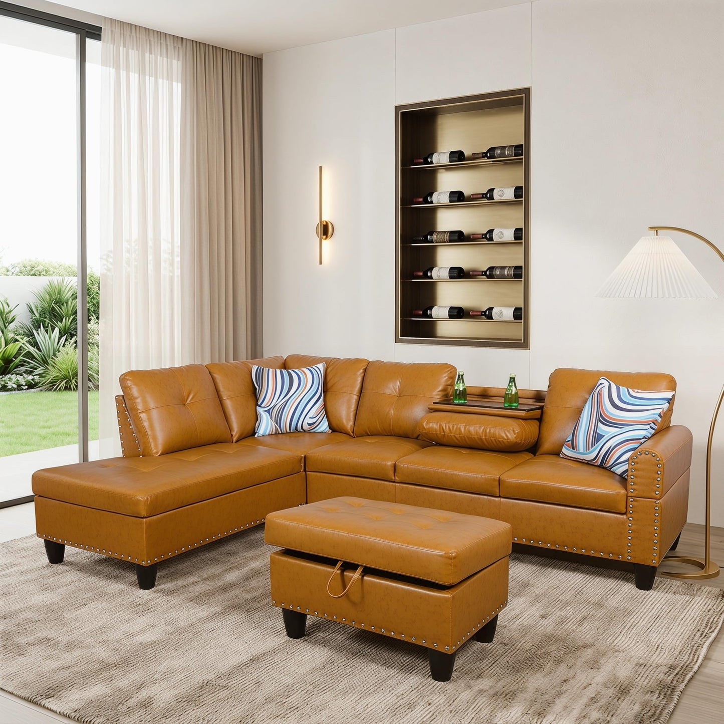 Topcomfy Leather L Shaped Sectional Couches for Living Room - 97.5“ x 69.5" Modular Sectional Sofa with Storage Ottoman, 4 Seat Home Sofa Living Room Furniture Sets with Chaise for Apartment, Ginger