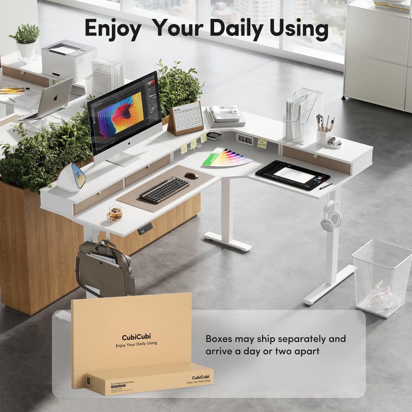 CubiCubi L Shaped Standing Desk with Drawers 63 x 48 Inch Adjustable Height, Electric Corner Desk with Storage, Sit Stand Home Office Desk with Splice Board, White