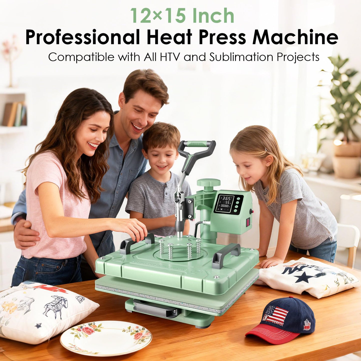 Seeutek 12x15 Inch Heat Press Machine 5 in 1, 360° Swing Away Sublimation Heat Transfer Press with 20oz & 30oz Tumbler Attachments for T-Shirts, Hats, Mugs & Plates, Green