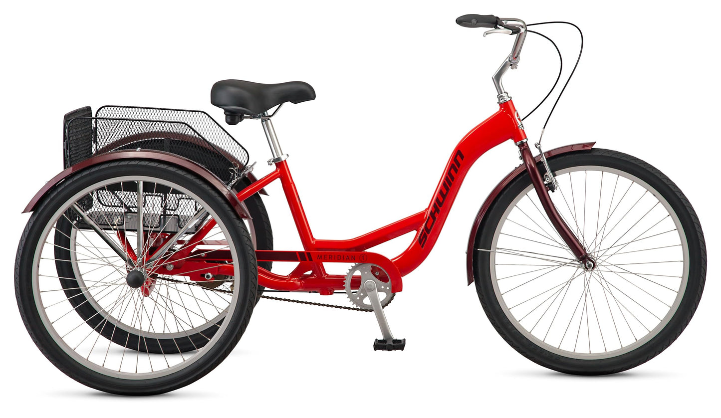 Schwinn Meridian Adult Tricycle, 26 Inch Bike for Women and Men, Single-Speed Adult Trike, Low Step-Through Frame, Springer Cruiser Seat, Upright Riding Position, Bike with Basket, Tricycle for Adults