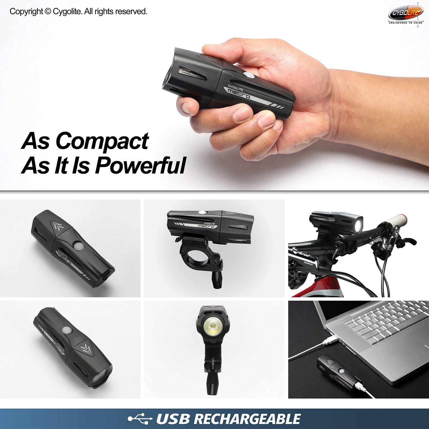 Cygolite Metro Pro Bike Light - 1200 Lumen, 9 Modes, USB Rechargeable, IP67 Waterproof, Compact, Black, Model MTR-1200-USB