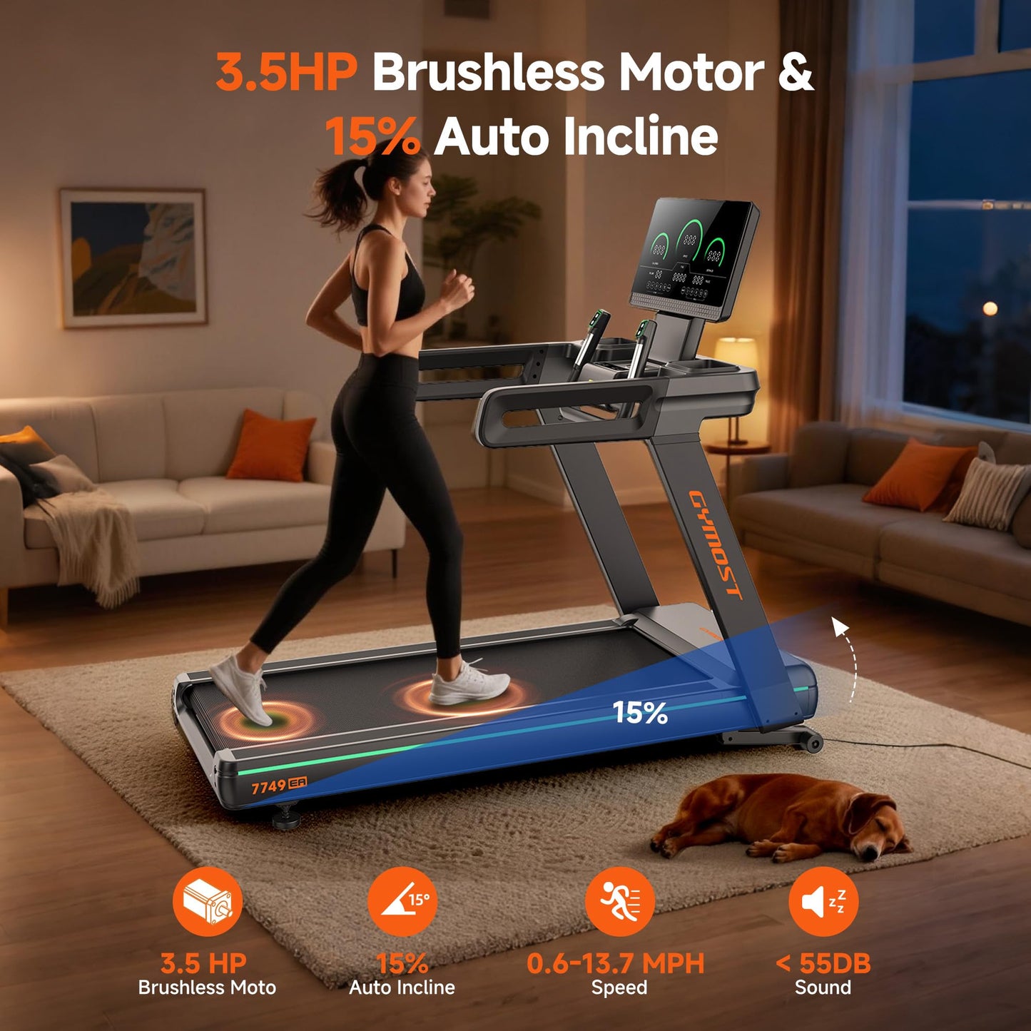 GYMOST Treadmills for Home with Incline 15%, Treadmill for Walking Running with 3.5 HP Quiet Brushless Motor, LED Display, 450 LBS Weight Capacity
