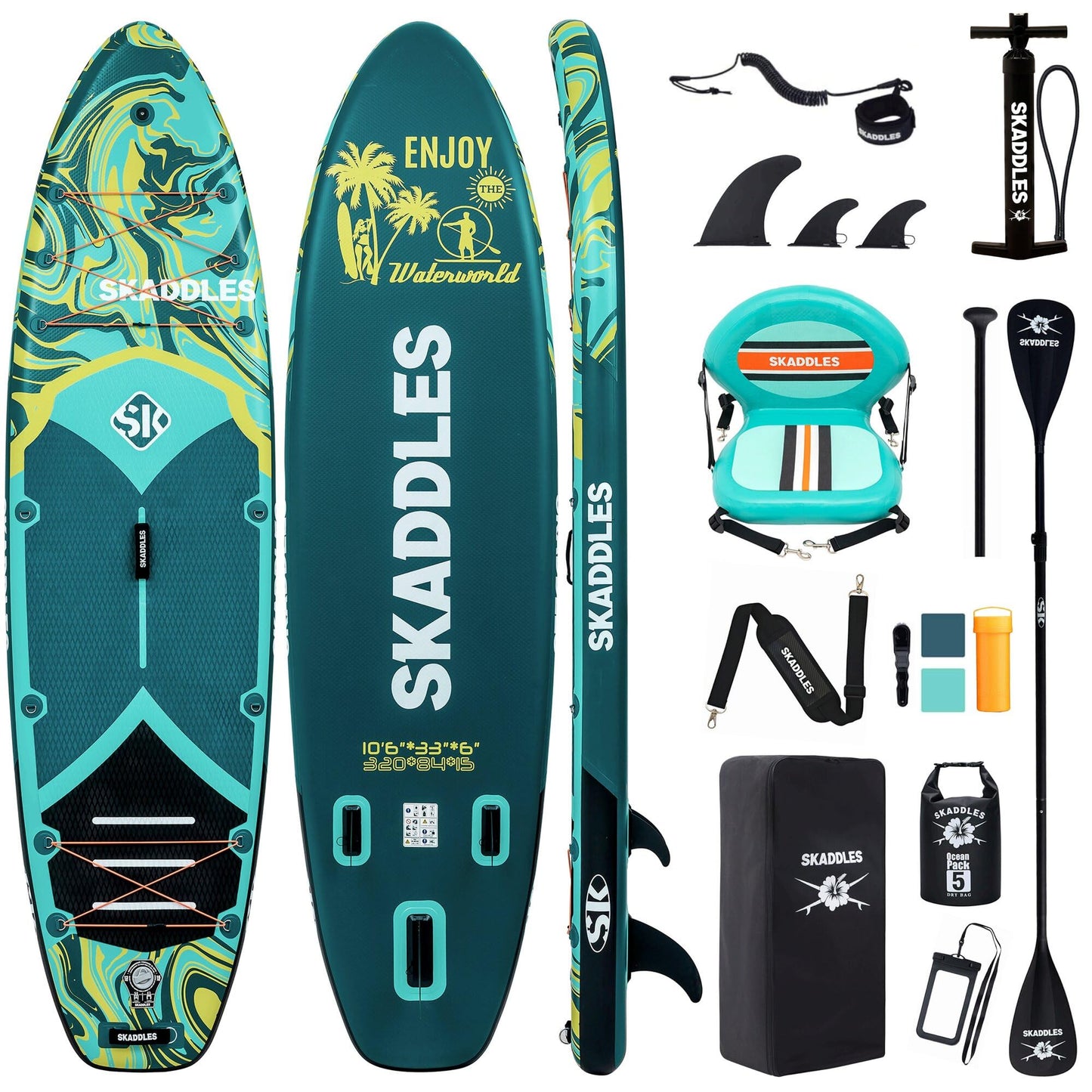 SKADDLES 10’6’’ Inflatable Stand Up Paddle Board (SUP) for Adults and Youth with Non-Slip Deck – Complete Accessories Kit, for Fishing, Yoga, Fitness & Family Fun (Dark Green Water Ripple/seat)