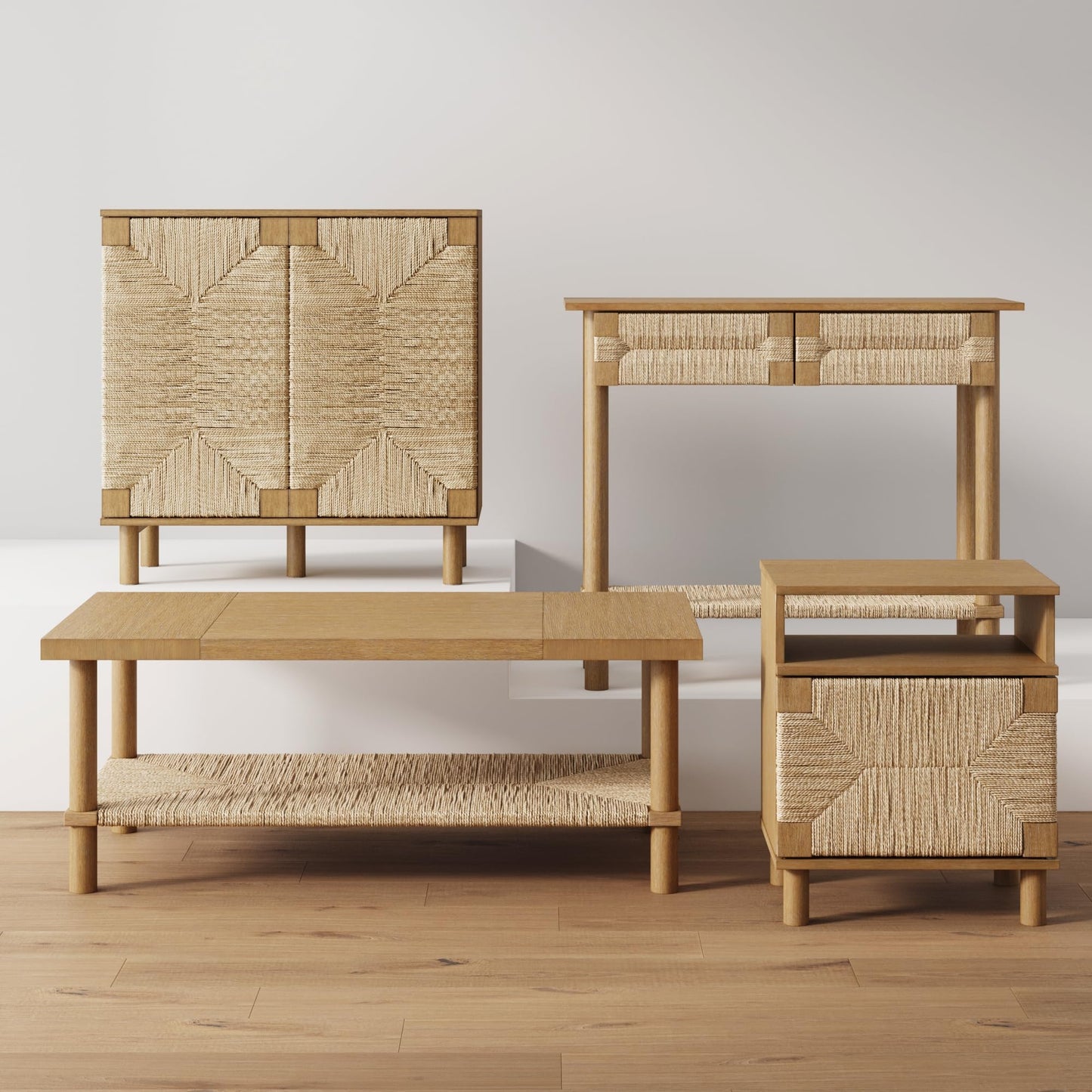 Nathan James Beacon Wood Nightstand, Bohemian Accent Table or Sofa Side Table with Seagrass Door for Bedroom or Living Room, Light Brown, Set of 2