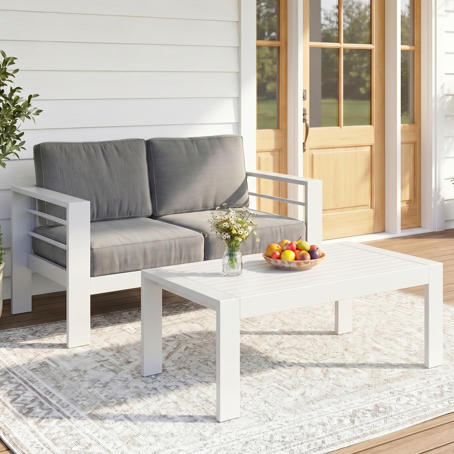 Solaste Aluminum Outdoor Loveseat with Coffee Table,2 PCS Patio Furniture Set with Cushions, All-Weather Outdoor Patio Sofa Sets for Balcony, Deck, Backyard, Porch, Garden, White