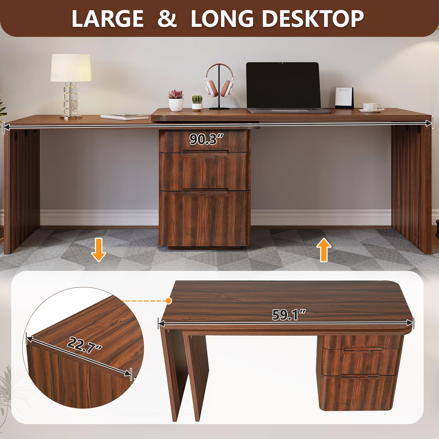 RHHVVR Fluted Computer PC Desk Table with 3 Drawers, L Shaped Corner Desk with Storage, 360° Wood Rotating Home Office Desk for Bedroom, Executive, Study Work, Walnut
