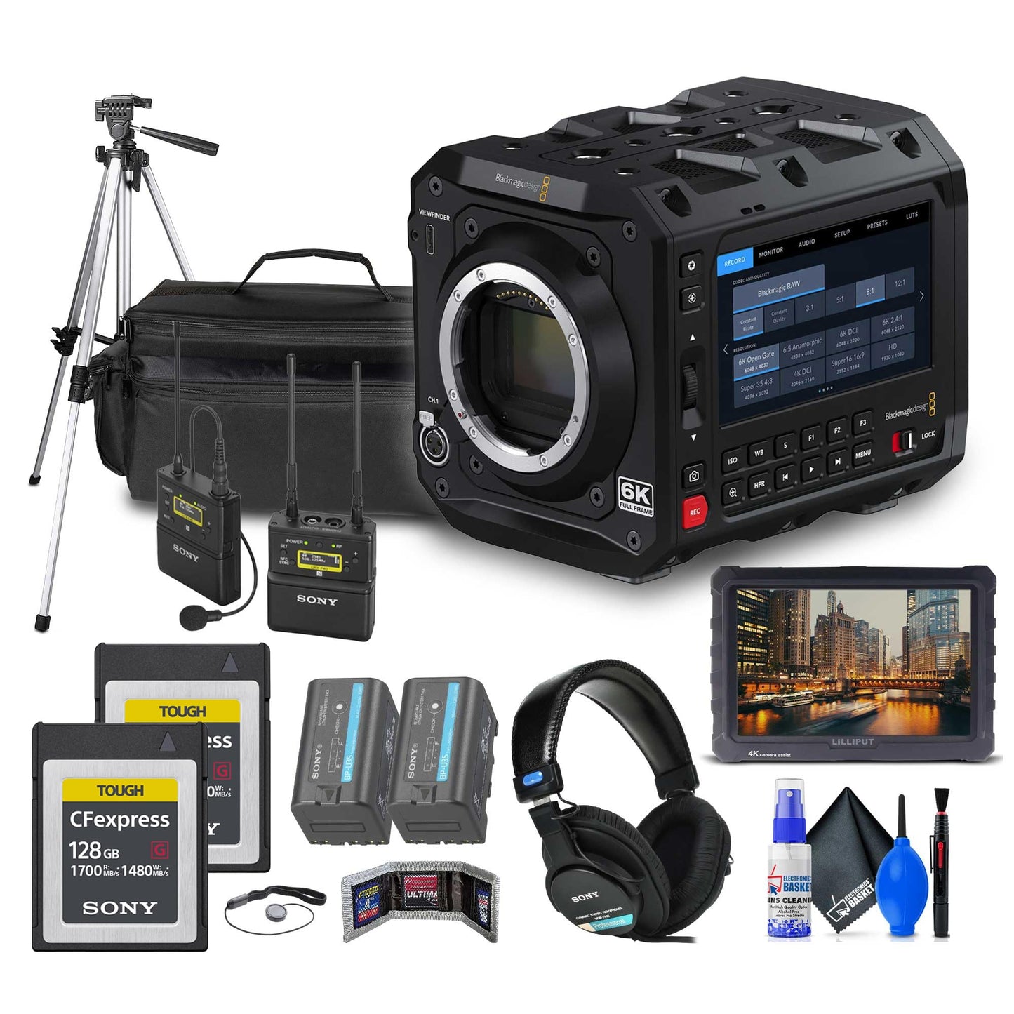 Blackmagic Design Pyxis 6K Full-Frame Cinema Box Camera (CINECAMCPYXA60LFL) + Mic System + 2 x 128GB CFexpress Type B Card + Monitor + Pro Headphones + Case + Tripod + More