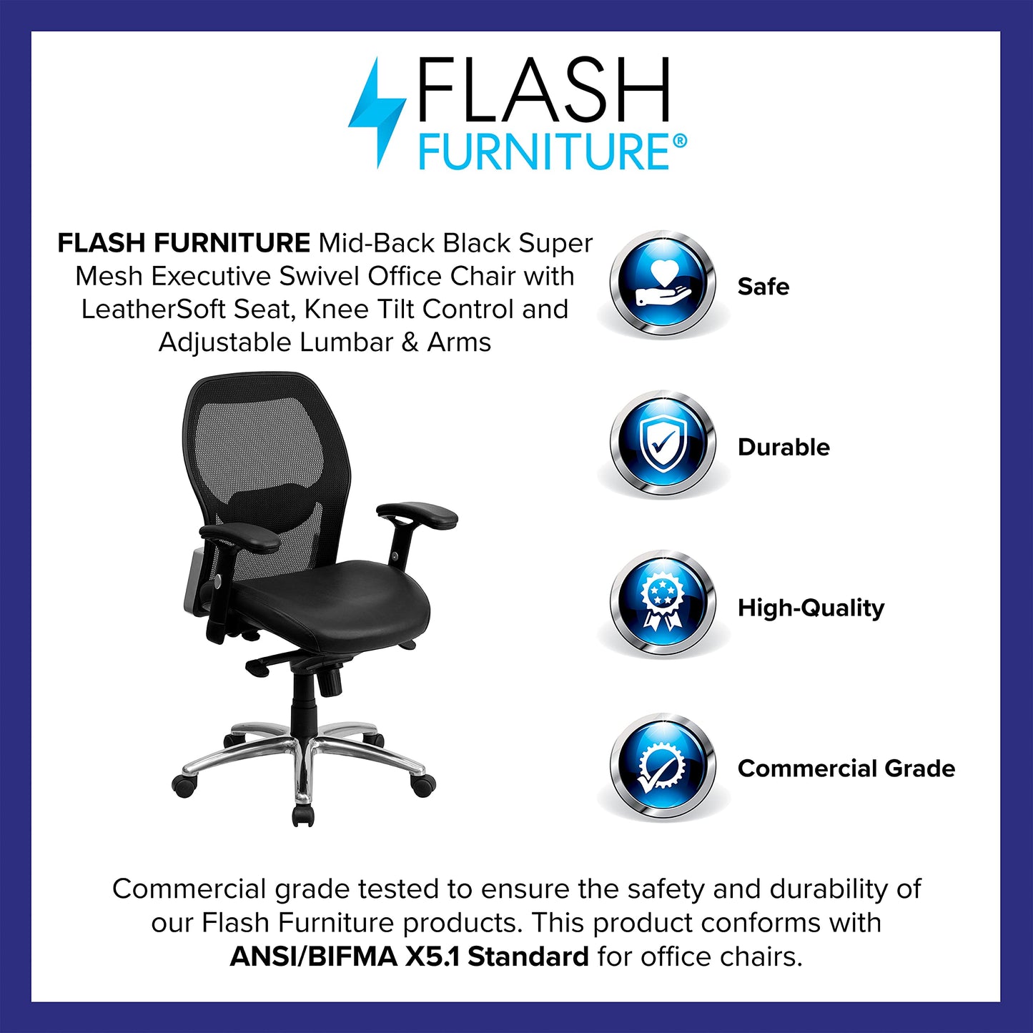 Flash Furniture Albert Mid-Back Black Super Mesh Executive Swivel Office Chair with LeatherSoft Seat, Knee Tilt Control and Adjustable Lumbar & Arms