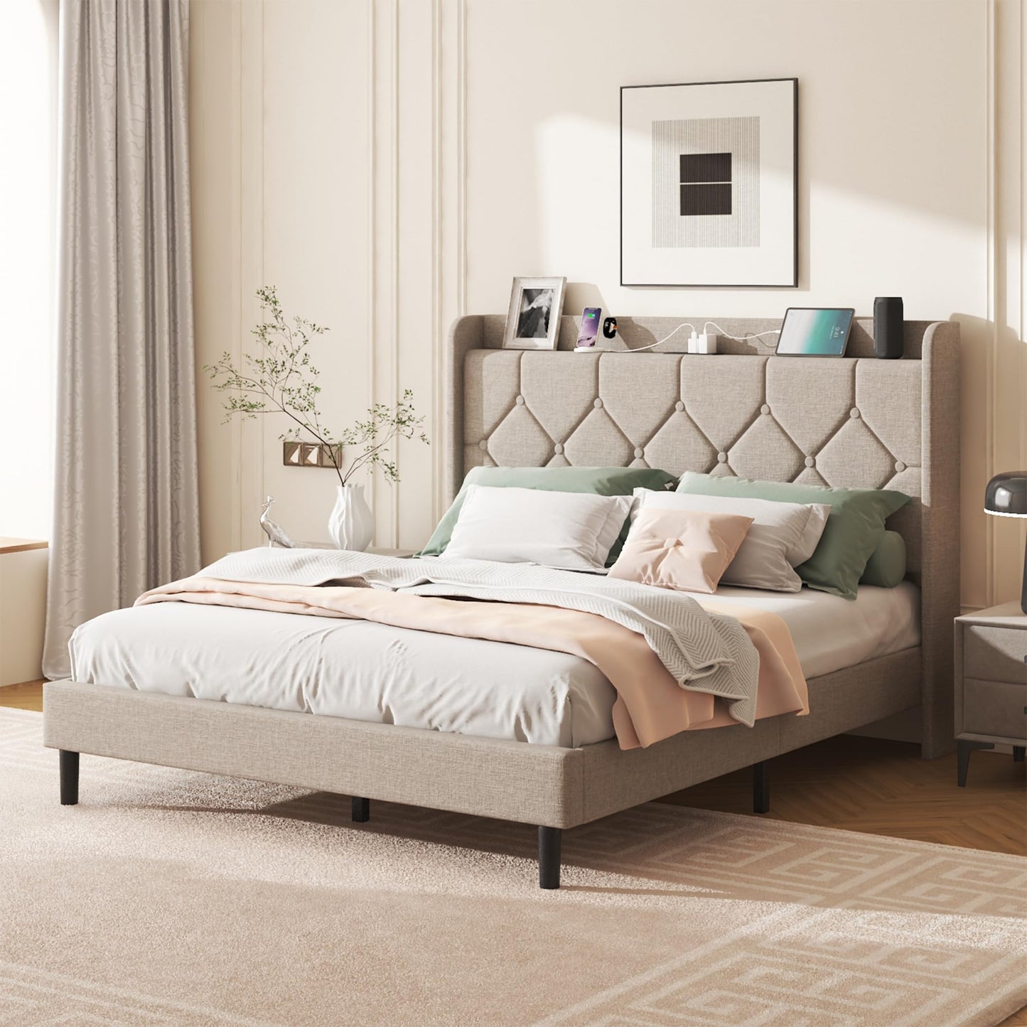 Lcwtvgxr Full Size Bed Frame with Diamond Tufted Linen Headboard & Storage Shelf, Commercial-Grade Platform Bed with Wood Slats & Sturdy Metal Frames, No Box Spring Needed, Easy Assembly, Beige