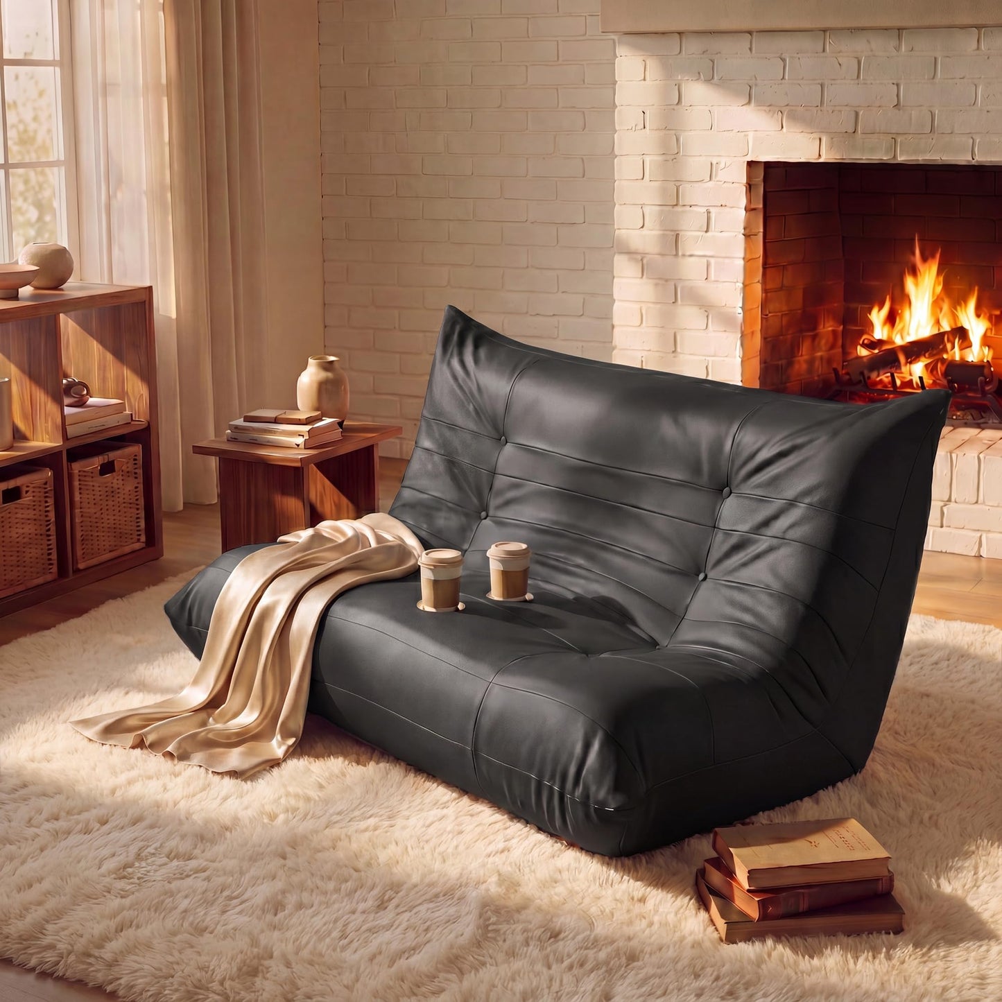 YESHOMY Boneless Loveseat Couch, Oversized Ergonomic Floor Sofa Couch, Durable PU Leather Sofa with Cup Holders, No Assembly Fireside Couches for Living Room, Bedroom (Black)