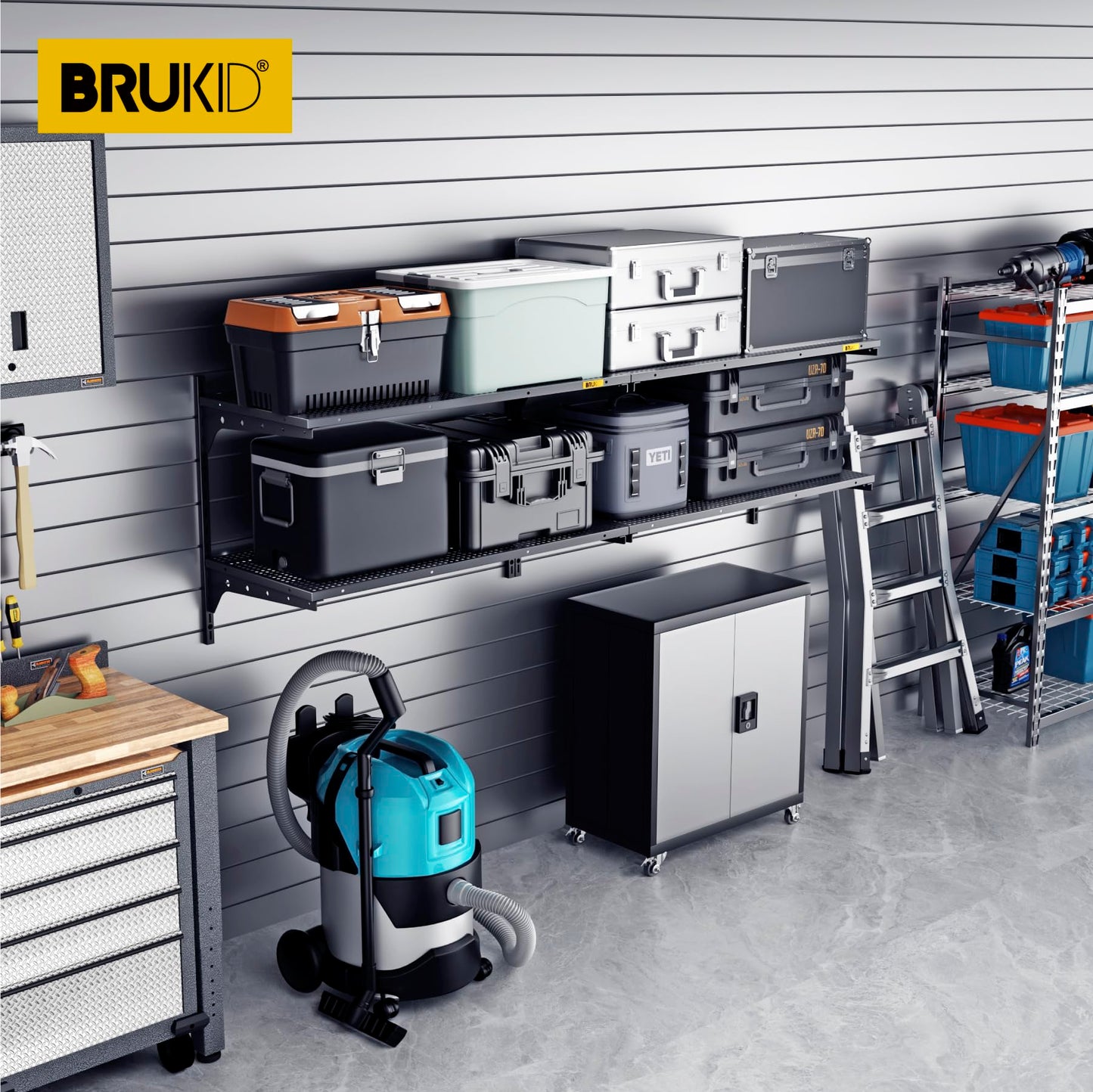 Brukid 2-Pack×2 Tier 1.3x3ft Garage Shelving Wall Mounted, 15.6x36inch per Shelf Height Cassette Adjustable Floating Shelves(Total 4pcs)(Black)