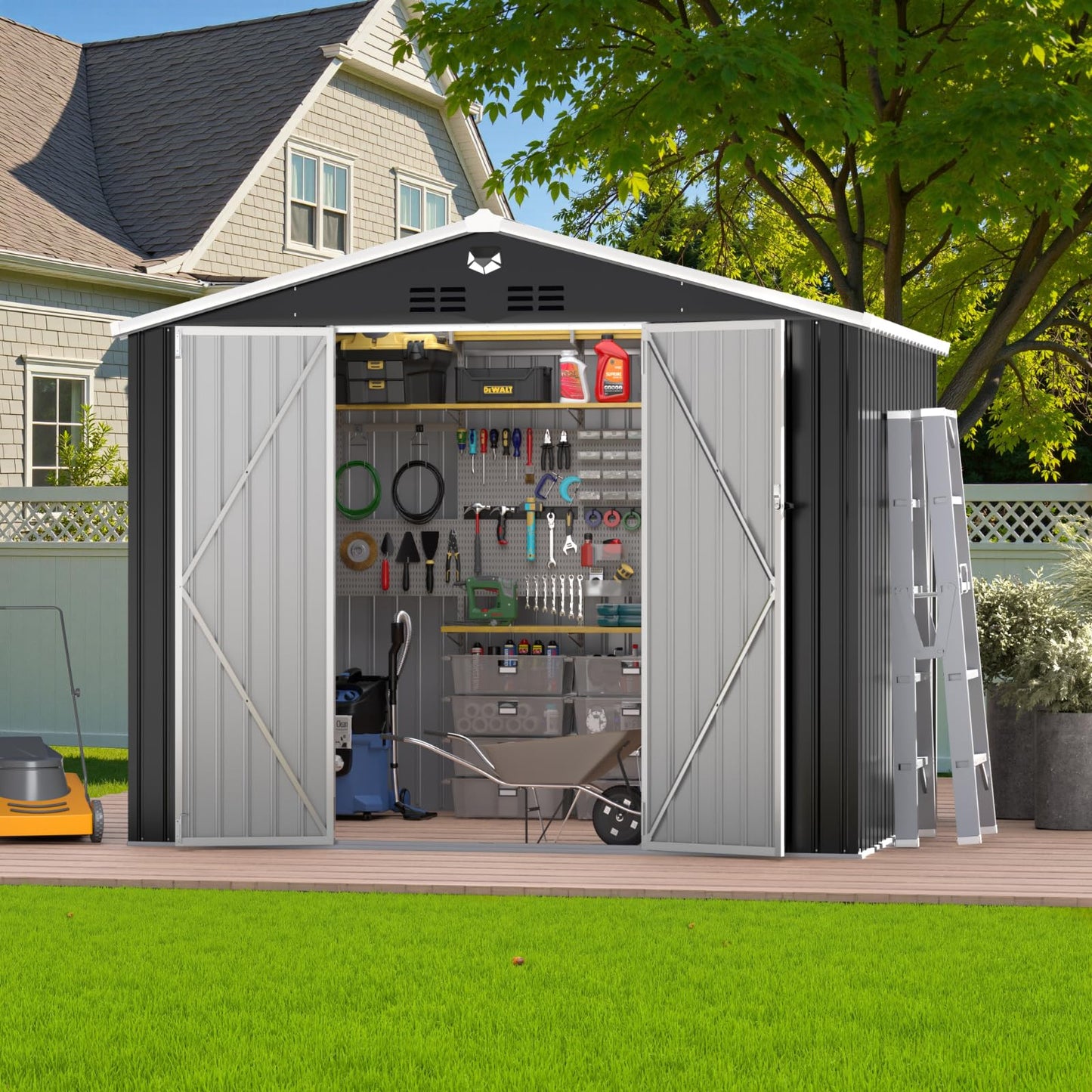 10x8 FT Outdoor Storage Shed, Metal Garden Shed, Storage Tool Sheds with Lockable Doors, Waterproof Outside Storage Building for Backyard, Patio (Black; Floor Not Included)