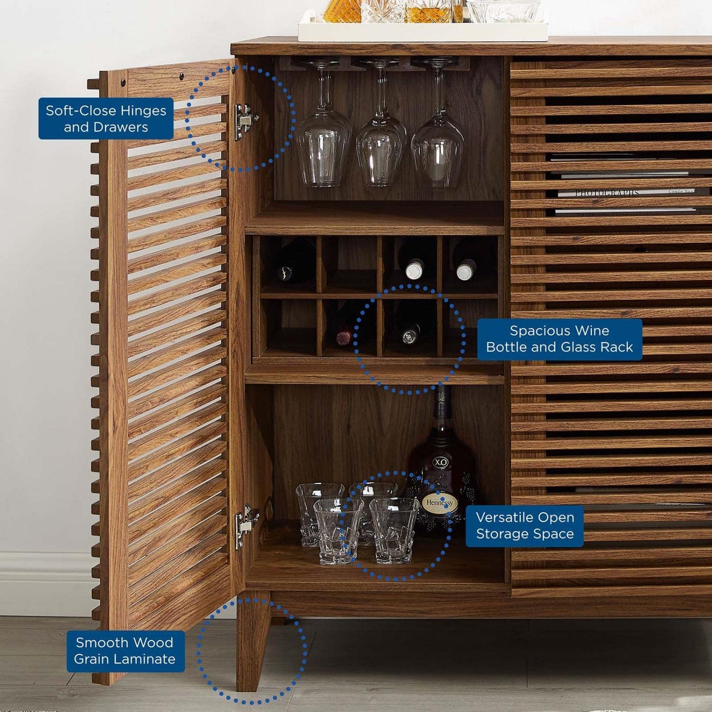 Modway Render Mid-Century Modern Wine Rack Storage, Bar Cabinet, Walnut