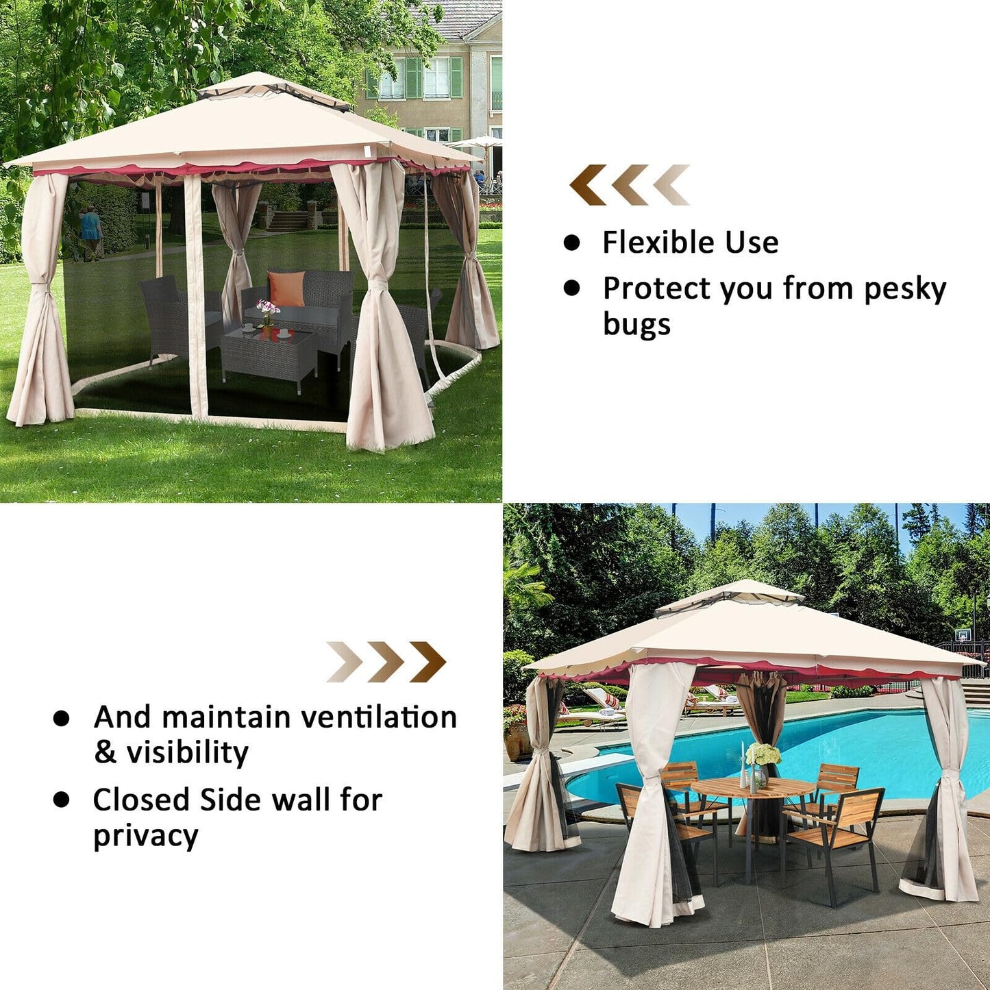 LAUSAINT HOME 10' x 10' Outdoor Patio Gazebo, Heavy-Duty Steel Frame Gazebo with Double-Tier Roof & Mosquito Netting, Party Tent Shelter for Backyard, Garden, Lawn, Khaki