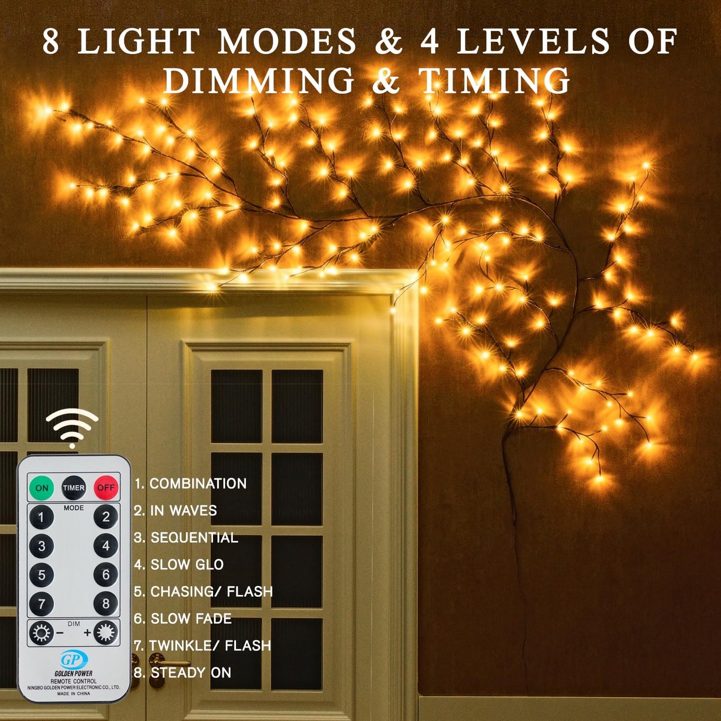 CAMANTU Willow Vine Lights, 160 LEDs, 9.5 ft, Remote Control, 8 Modes, Indoor Christmas Decor, Brown