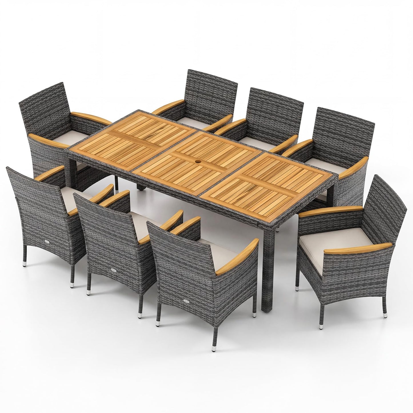 Tangkula 9 Pieces Outdoor Wicker Dining Set, Patio Dining Furniture Set with Acacia Wood Table and 8 Armchairs, Outdoor Table and Chairs Set with 1.96” Umbrella Hole and Cushions