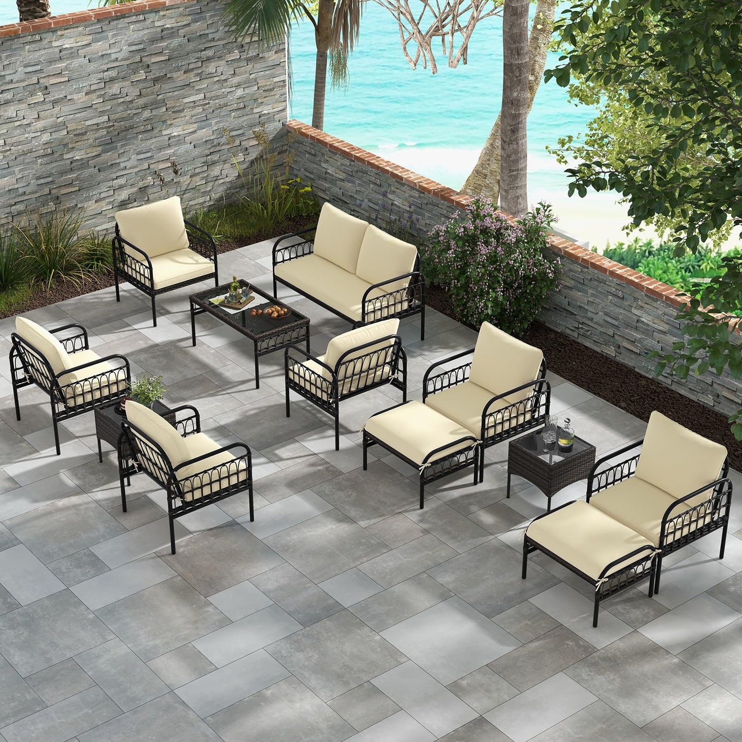 Tangkula 3 Pieces Patio Wicker Furniture Set, Outdoor Conversation Bistro Set with Cushioned Chairs and Tempered Glass Coffee Table, Modern Rattan Chair Set for Porch, Balcony, Lawn (Mix Brown-Beige)