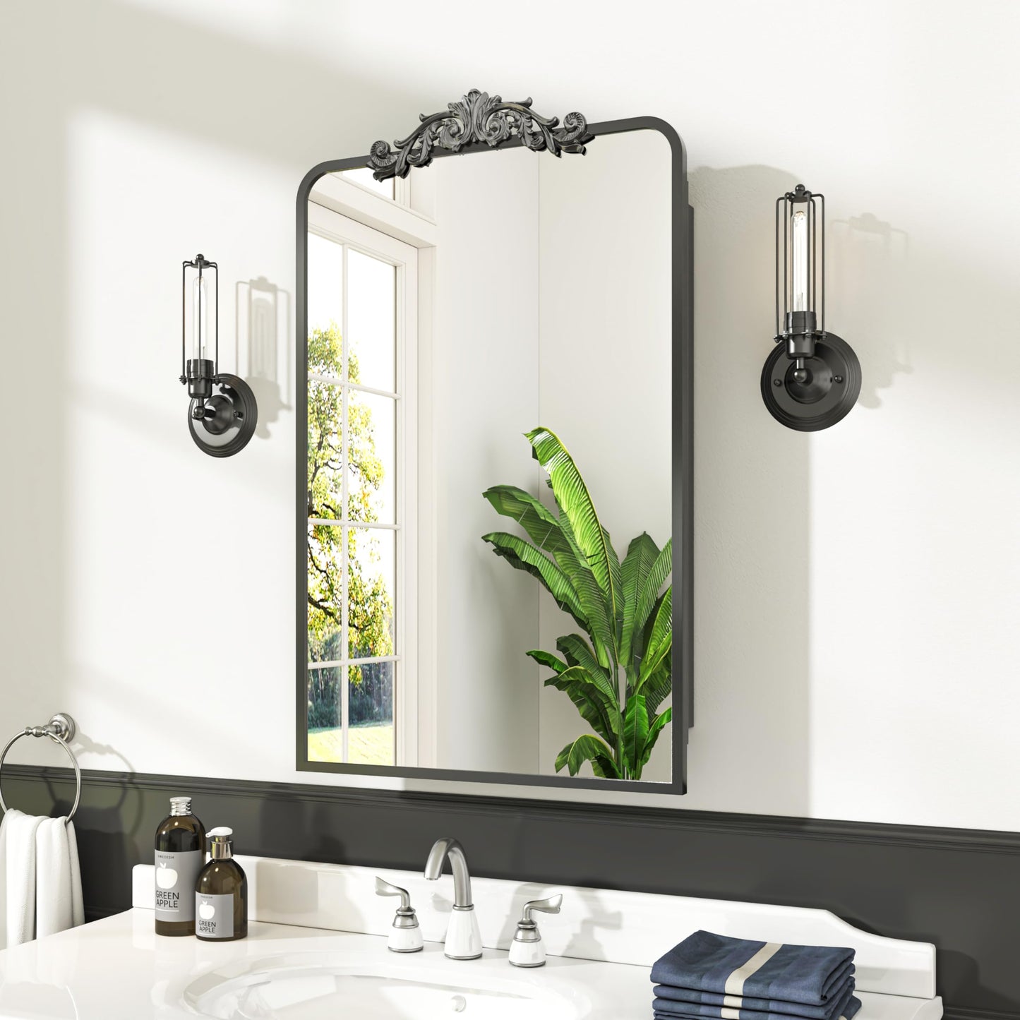 Batuso 35"x24" Bathroom Medicine Cabinet with Vintage Arched Mirror - All-Metal Black Medicine Cabinets with Hand-Painted Aluminum Door Frame, 2 Stable & Removable Shelves, Black