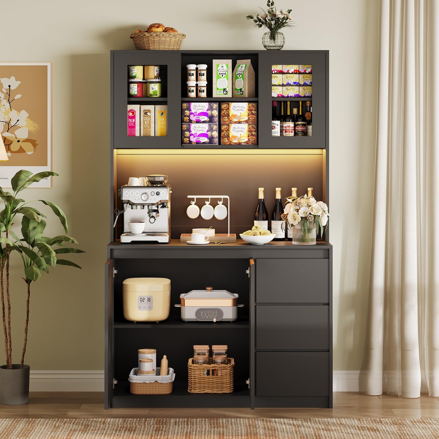 Garvee Kitchen Pantry Cabinet,71 in Tall Storage Cabinet with Doors and Shelves Adjustable, Kitchen Storage Hutch with Microwave Shelf, Led Lights and Charging Station,Corner Pantry Cabinet, Black