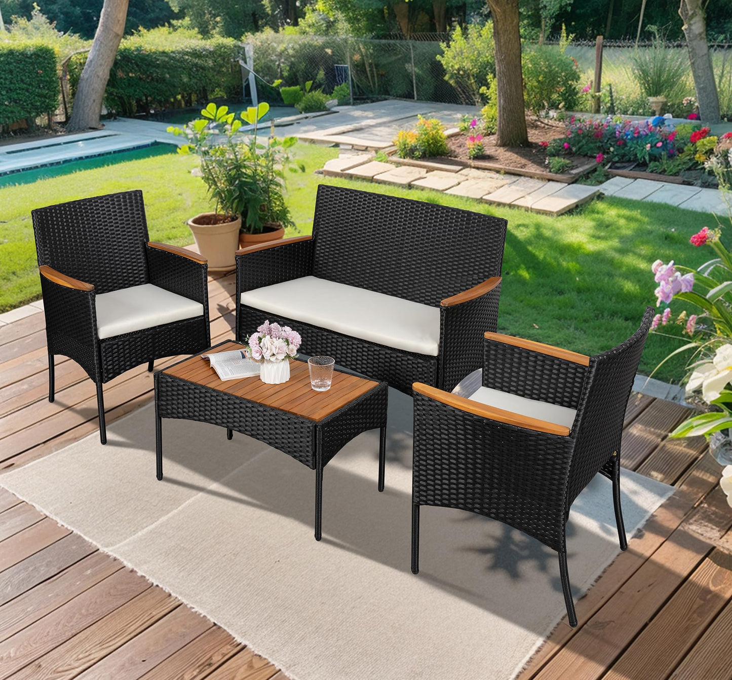 Shintenchi 4-Piece Patio Furniture Set, Outdoor Wicker Patio Conversation Furniture Set with Cushions and Wooden Tabletop for Paito Lawn Backyard Pool Garden, Black Rattan