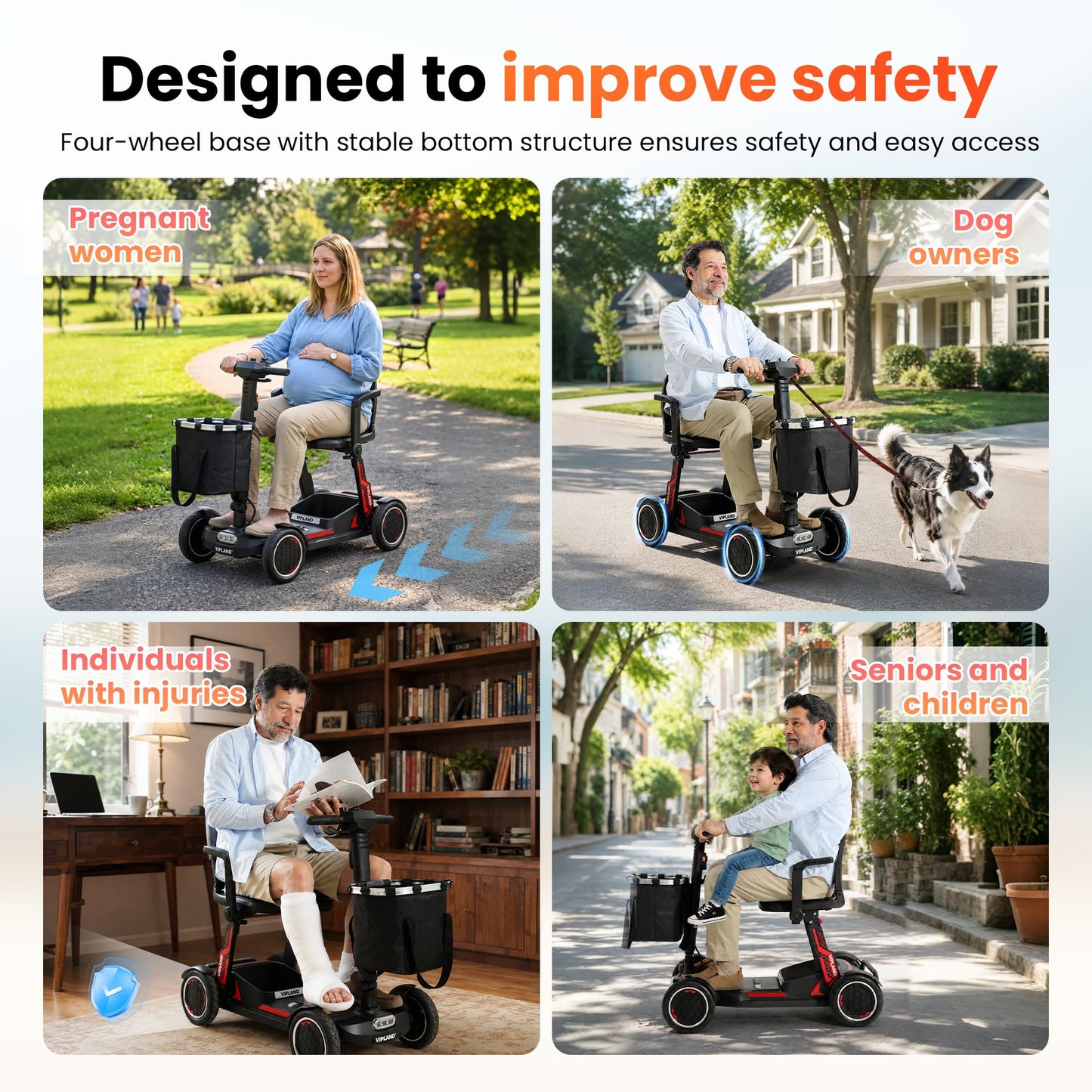 VIPLAND Lightweight Mobility Scooter, Comfortable Foldable Motorized Scooter, 20Miles Long Range, Removable Battery, 270lbs Capacity, Only 45lb Weight, with LED Headlights and Basket, Width Adjustable